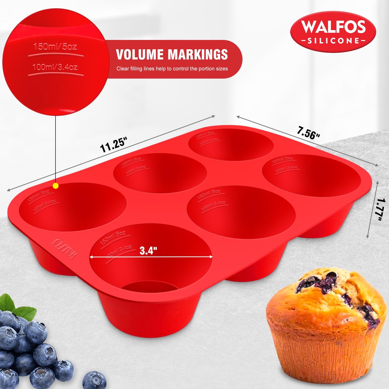 Walfos Silicone Jumbo Muffin Pan Set- 6 Cup Large Silicone Cupcake Pan, BPA Free Silicone Perfect for Egg Muffins, Big Cupcakes - Non-Stick and Dishwasher Safe, Set of 2