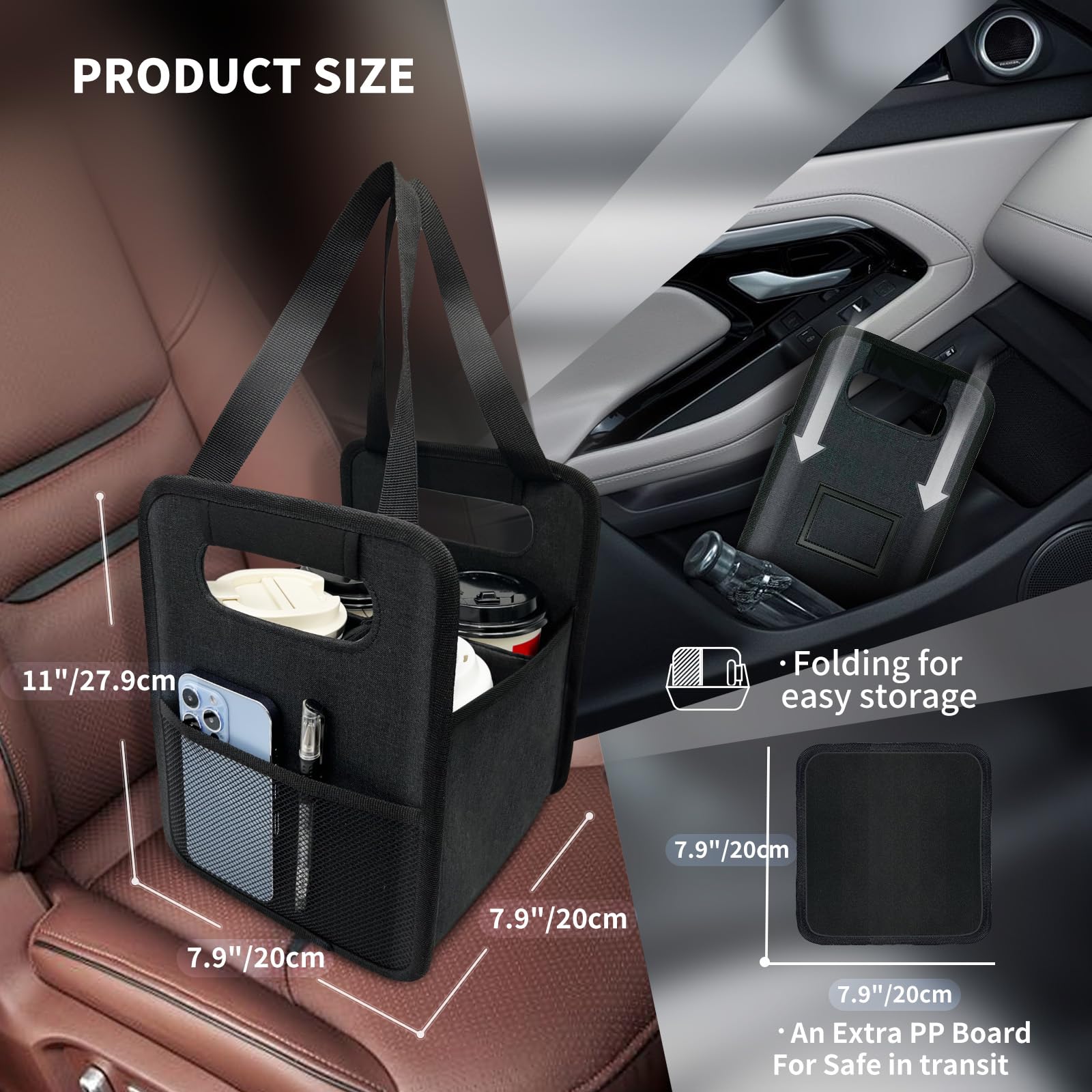 NENYX Reusable 4 Cup Drink Carrier with Handle and Adjustable Dividers, Insulated Caddy for Take Out, Foldable Coffee Cup Holder for Hot & Cold Drinks (Black)