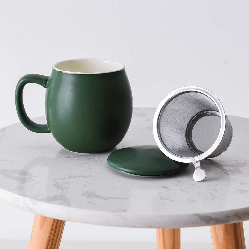 Yundu 12 OZ Porcelain Teacup with Infuser and Lid, Mug with Lid for Steeping, Matte Green