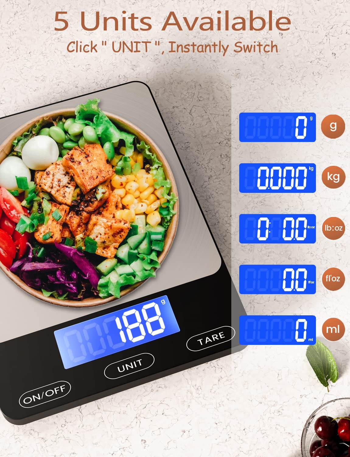 Food Scale -33lb Digital Kitchen Scale for Food Ounces Grams Rechargeable 304 Stainless Steel,Batteries and Type-C Charging | Perfect for Meal Prep, Cooking, and Baking, Blue