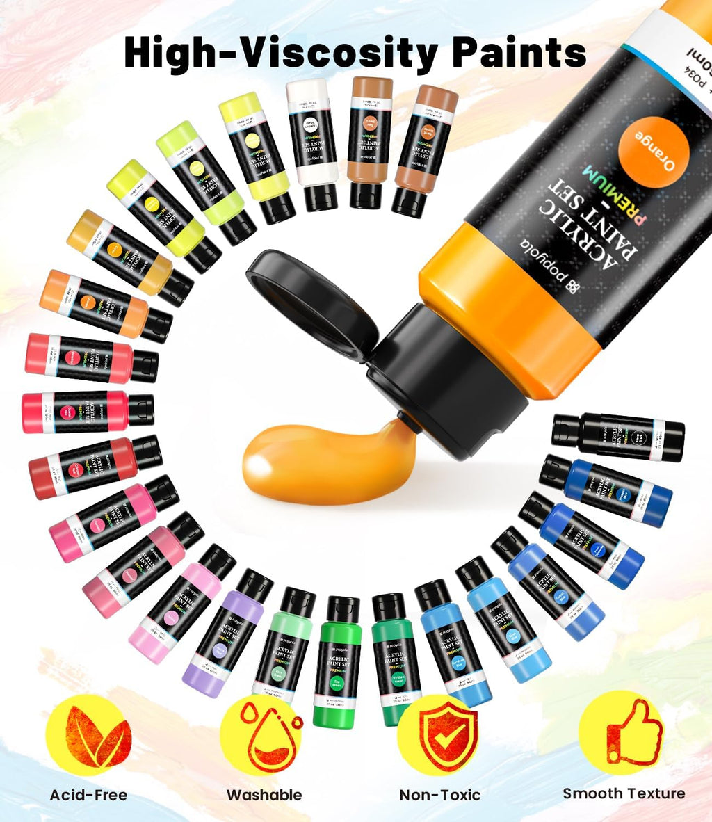 40 PCS Acrylic Paint Set with 12 Brushes, 2 Knives, Palette & Sponge, 24 Colors (2oz/60ml) Art Craft Paint for Beginners Professionals Hobbyists on Halloween Pumpkin Canvas Ceramic Rock