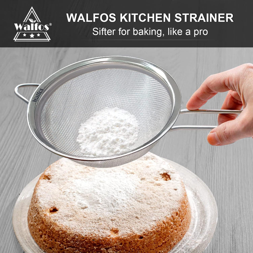 Walfos Fine Mesh Strainer Set of 4-9.5", 7", 4.7", 2.8", Multipurpose Stainless Steel Mesh Sieve with Handle, Kitchen Fine Strainers Sifters for Food, Rice, Quinoa, Fruits, Vegetables, Tea