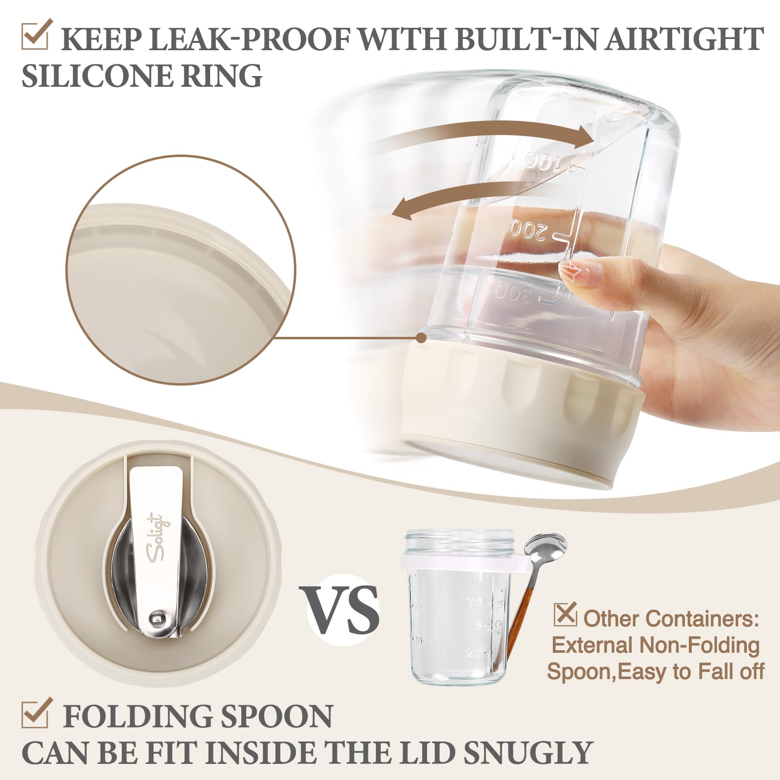 SOLIGT NOVIIML k Overnight Oats Containers with Lids, Folding Spoons and Divided Compartments for Fruit & Nuts, Small Glass 16oz Mason Jars for Oatmeal Yogurt Parfait (2 Set-Oat White/Oat White)