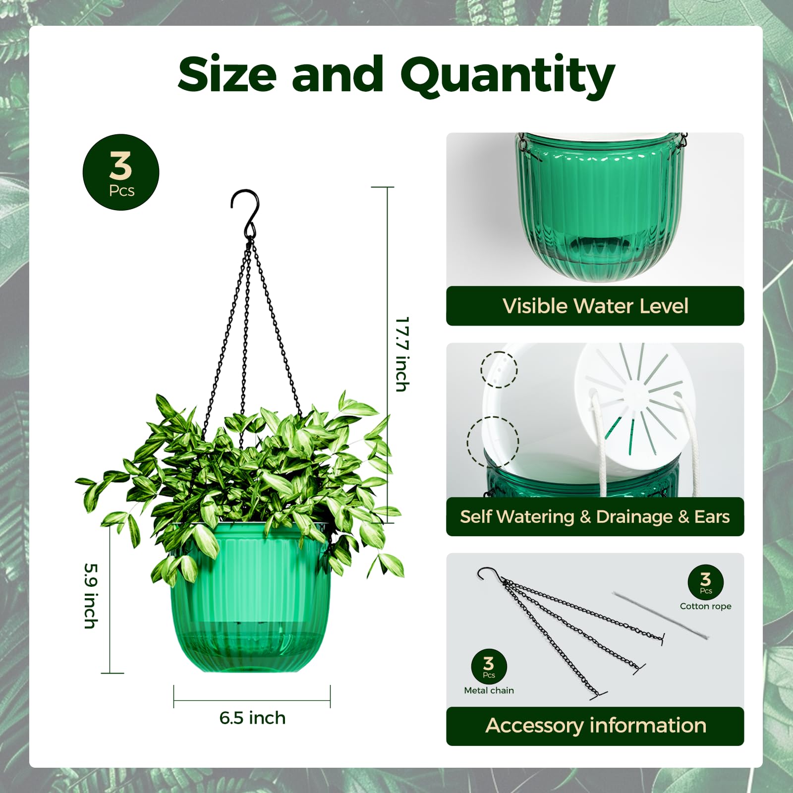 Bamworld Hanging Planters for Indoor Plants Self Watering Pots with Drainage Hole 3 Pack 6.5 Inch Outdoor Plant Hanger Hanging Pots with 3 Hooks Chains Spider Plants Live House Planters(Emerald)