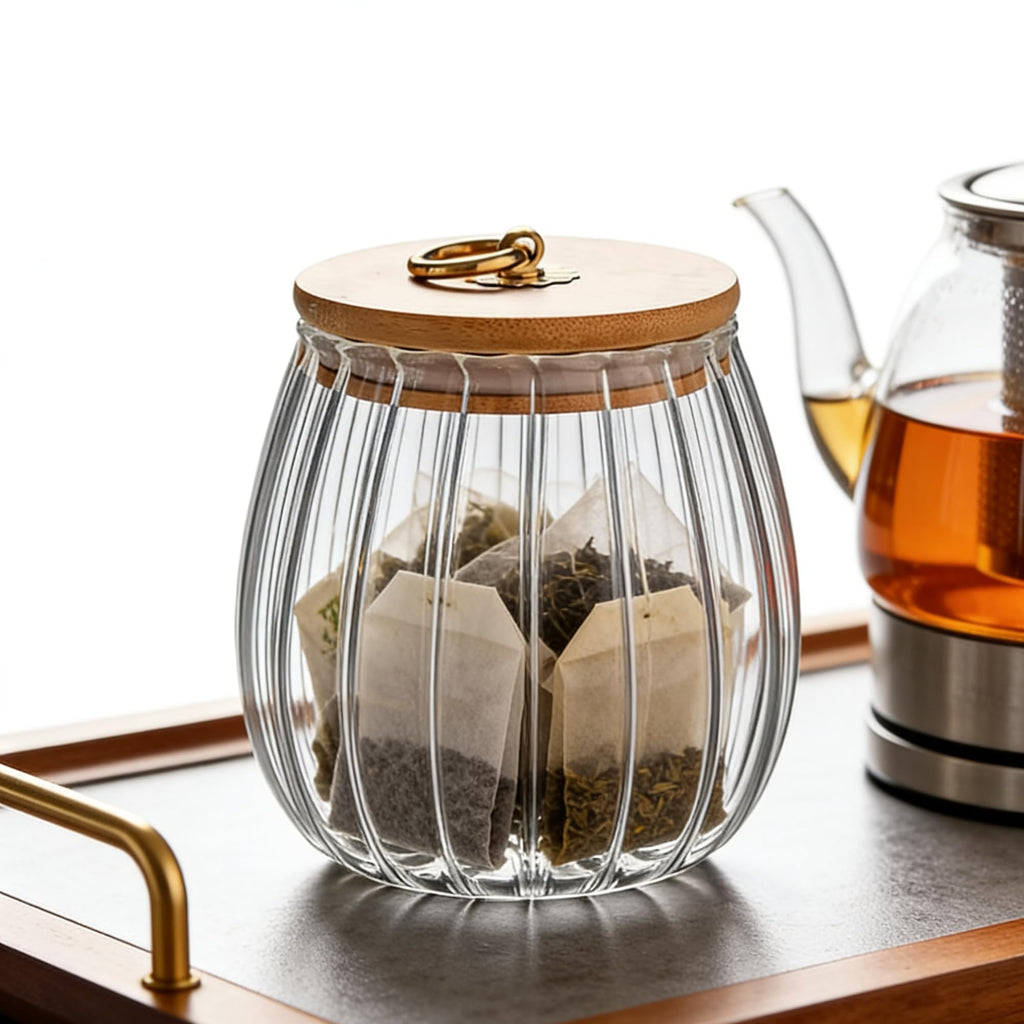 Glass Coffee Tea Canister Airtight Storage Jar Petal Decorative Container with Bamboo Lid Metal Handle Easy to Grasp 700ml (23oz)