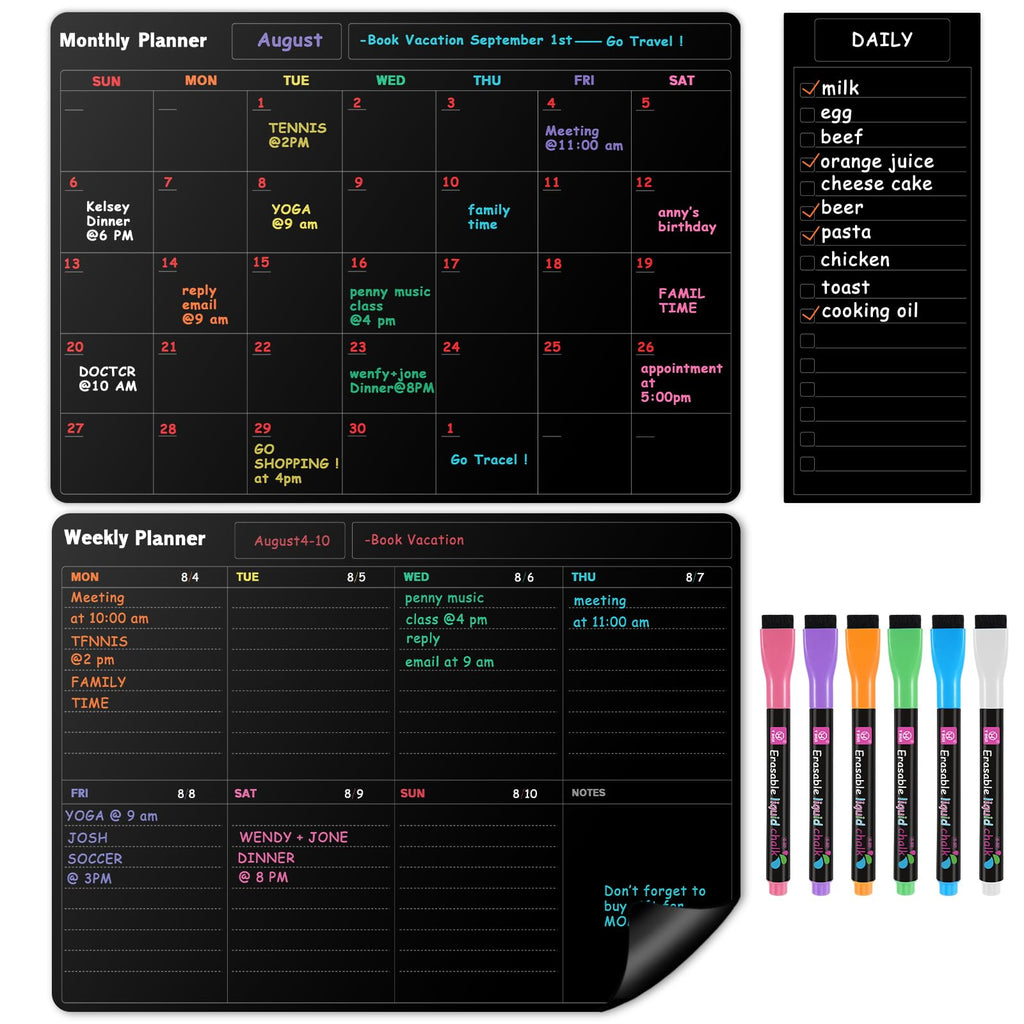 Fridge Black Whiteboard Calendar Set (3-Pack) - Magnetic Weekly Board, Refrigerator Planner Calendar, List and 6 Markers - Reward Chore Chart for Kids, Teens, Adults, Family