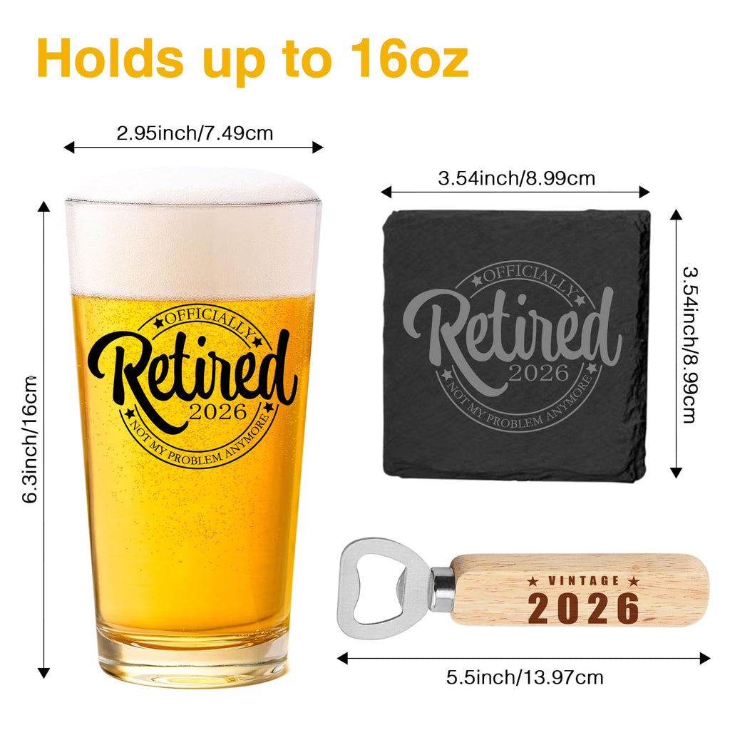 Retirement Gifts for Men 2026 - Retirement Beer Glass with Stone Coasters, Bottle Opener, Funny Beer Glass Unique Gift For Dad, Grandpa, Friends, Family