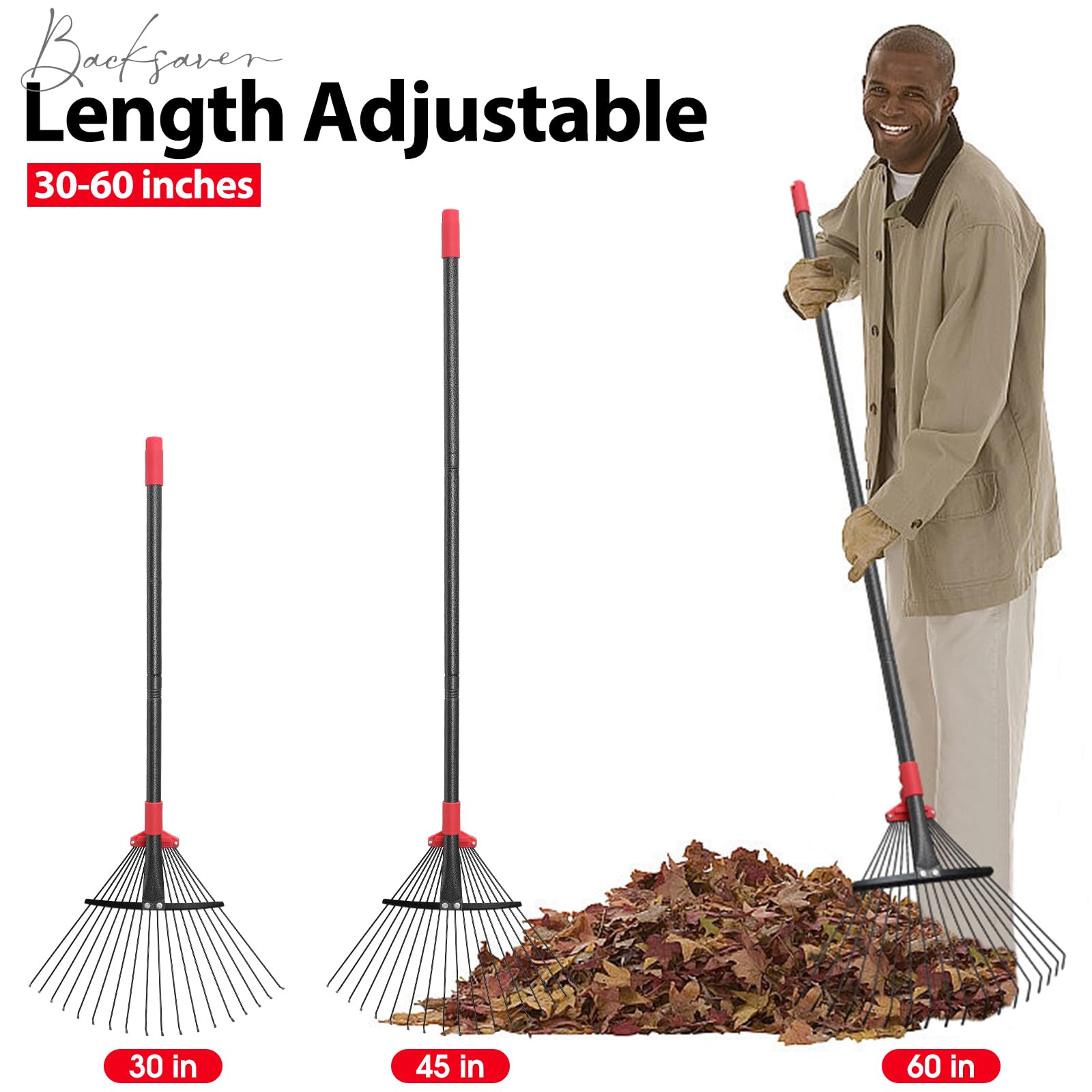 Rake, Adjustable Rakes for Leaves with 9”-17” Head, Rakes for Lawns Heavy Duty, 60 in Garden Rake with 18 Clog-Free Tines, Long Handle, Metal Gardening Tool, Fast Cleanup, Easy Carry for Camping
