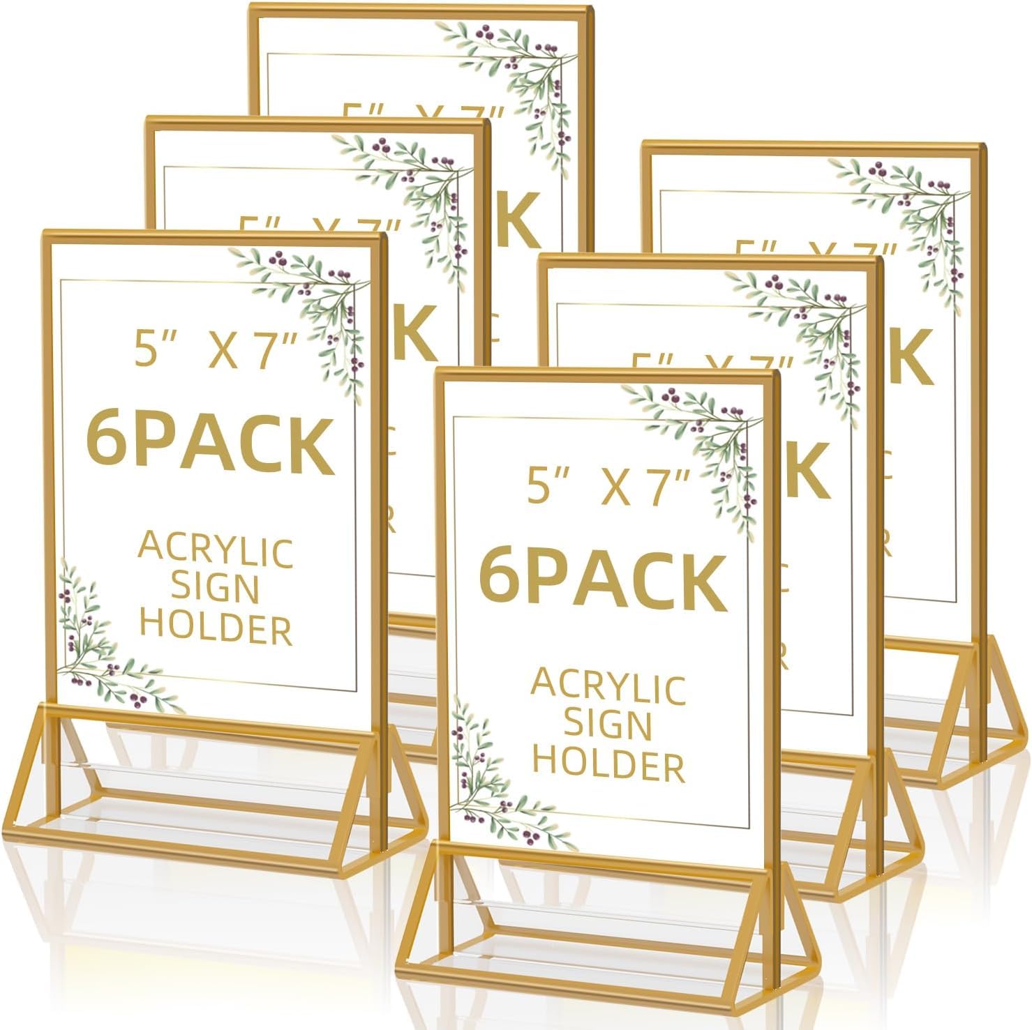 Sign Holders, 6 Pack 5"*7" Acrylic Display Stand for Christmas Party Wedding Table Number, Golden Double Sided Menu Holder, Photo Holder, Clear Picture Frame Flyer Holder For Office Business Store