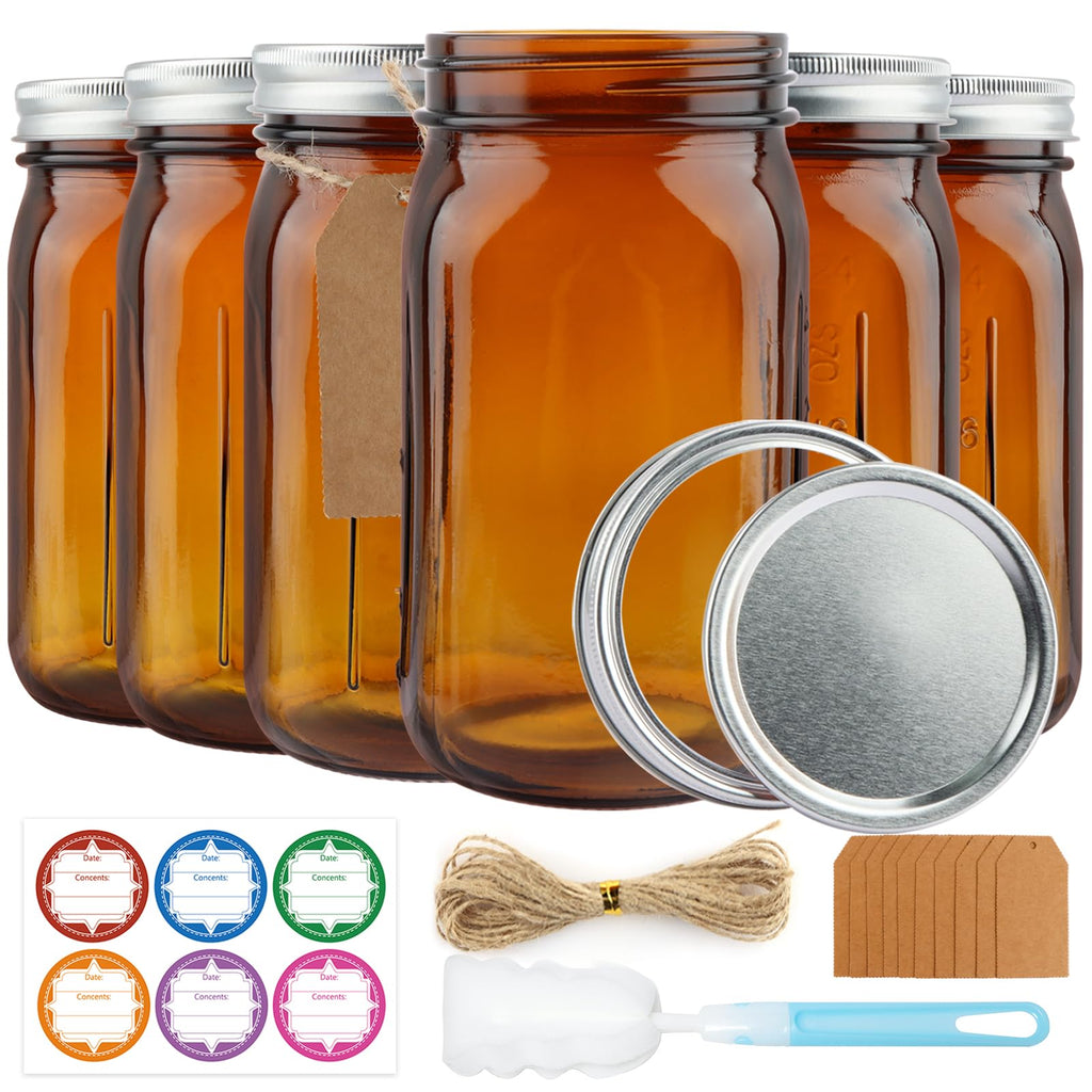 CARBLIN 6 Pack Mason Jars 32 oz, Amber Wide Mouth Canning With Airtight Lids, Glass Pint With Bands Labels Brush, Large Storage Quart for Jam Fermenting Preserving