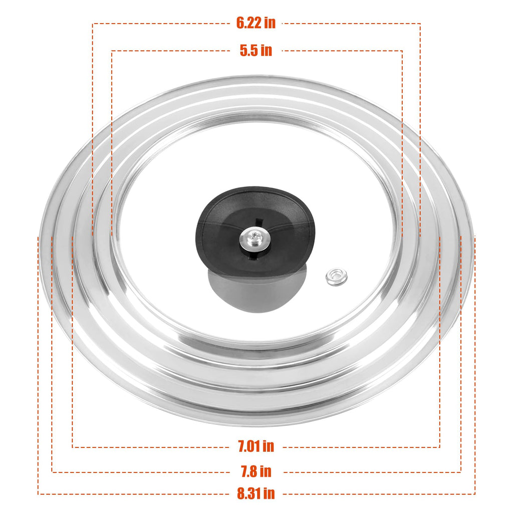 Universal Lid for Pots and Pans Skillets, Pan Cover with Tempered Glass Top Fits 6,7,8 Inch & 8.2, 9, 10, 11, 12 Inch Cookware, Stainless Steel Replacement Frying Pan Cover, Cast Iron Lids