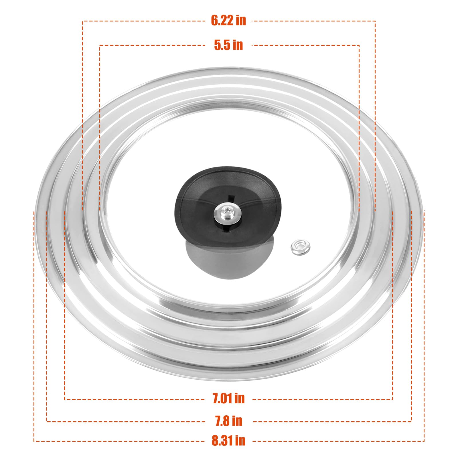 Universal Lid for Pots and Pans Skillets, Pan Cover with Tempered Glass Top Fits 6,7,8 Inch & 8.2, 9, 10, 11, 12 Inch Cookware, Stainless Steel Replacement Frying Pan Cover, Cast Iron Lids