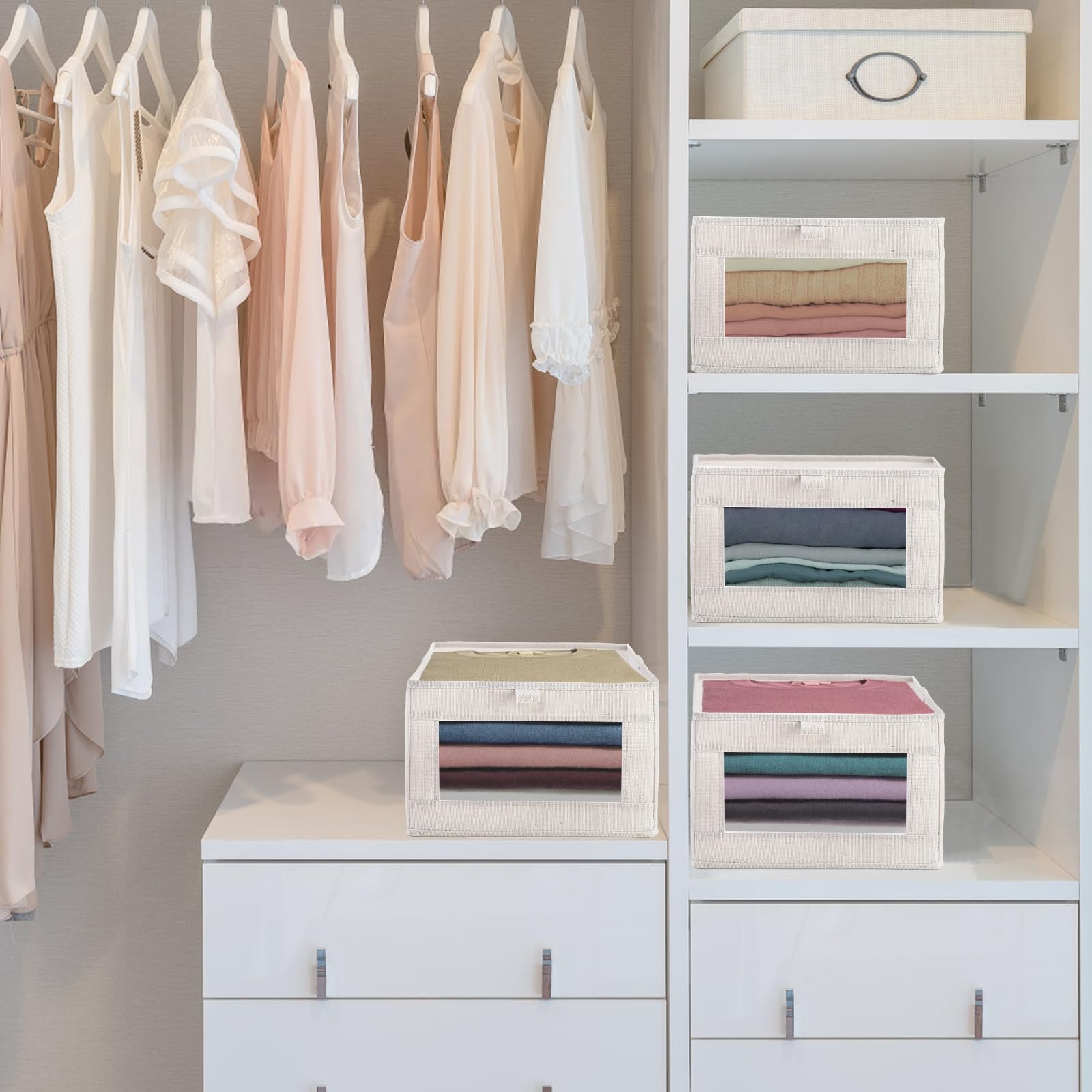 Coloch 6 Pack Linen Storage Bins with Clear Window, Collapsible Closet Storage Box Fabric Clothing Organizer Stackable Organizer Basket for Folded Clothes, Jeans, Toy, Book, Shelves, Closet, Beige