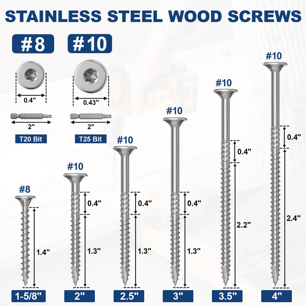 #8 x 1-5/8" Stainless Steel Deck Screws, 150Pcs Deck Screws T20 Star Bit, 410 Grade Stainless Steel, Rust Resistant Timber Screws for Log Landscaping Wood
