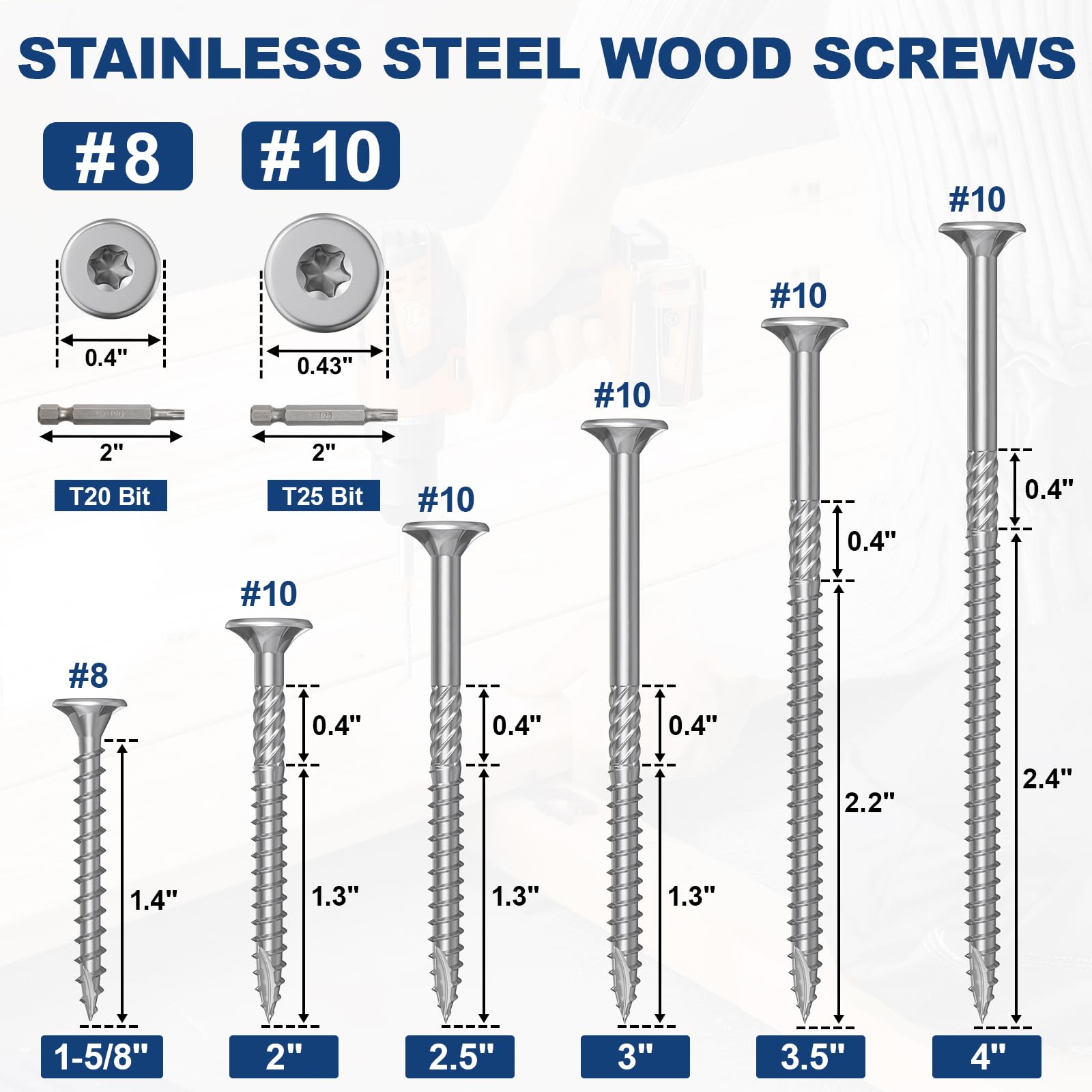 #8 x 1-5/8" Stainless Steel Deck Screws, 150Pcs Deck Screws T20 Star Bit, 410 Grade Stainless Steel, Rust Resistant Timber Screws for Log Landscaping Wood