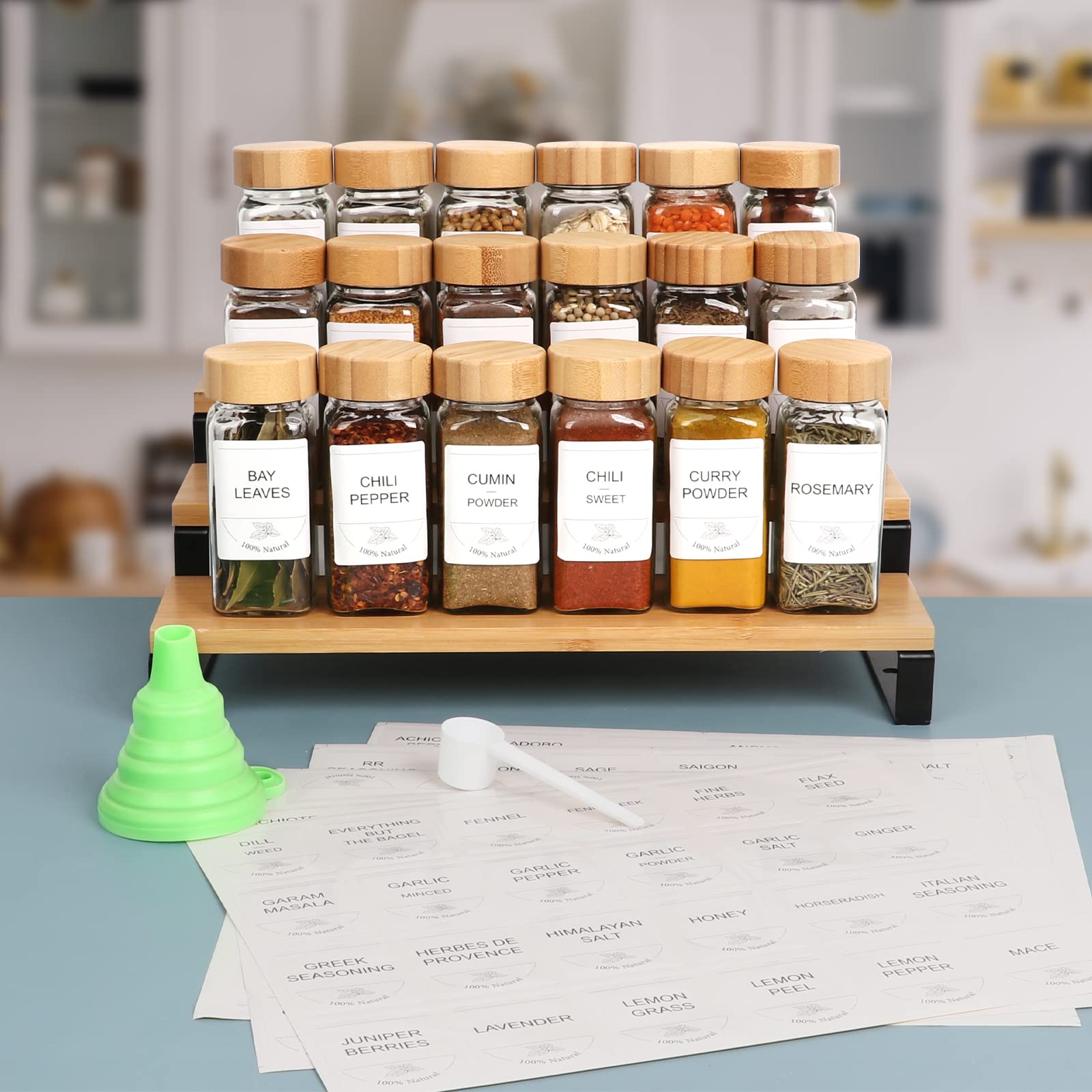EkkoVla 16 Pack 4 oz Glass Spice Jars with Bamboo Lids, Empty Square Spice Containers with Blank＆Printed Spice Labels for Kitchen Cabinet