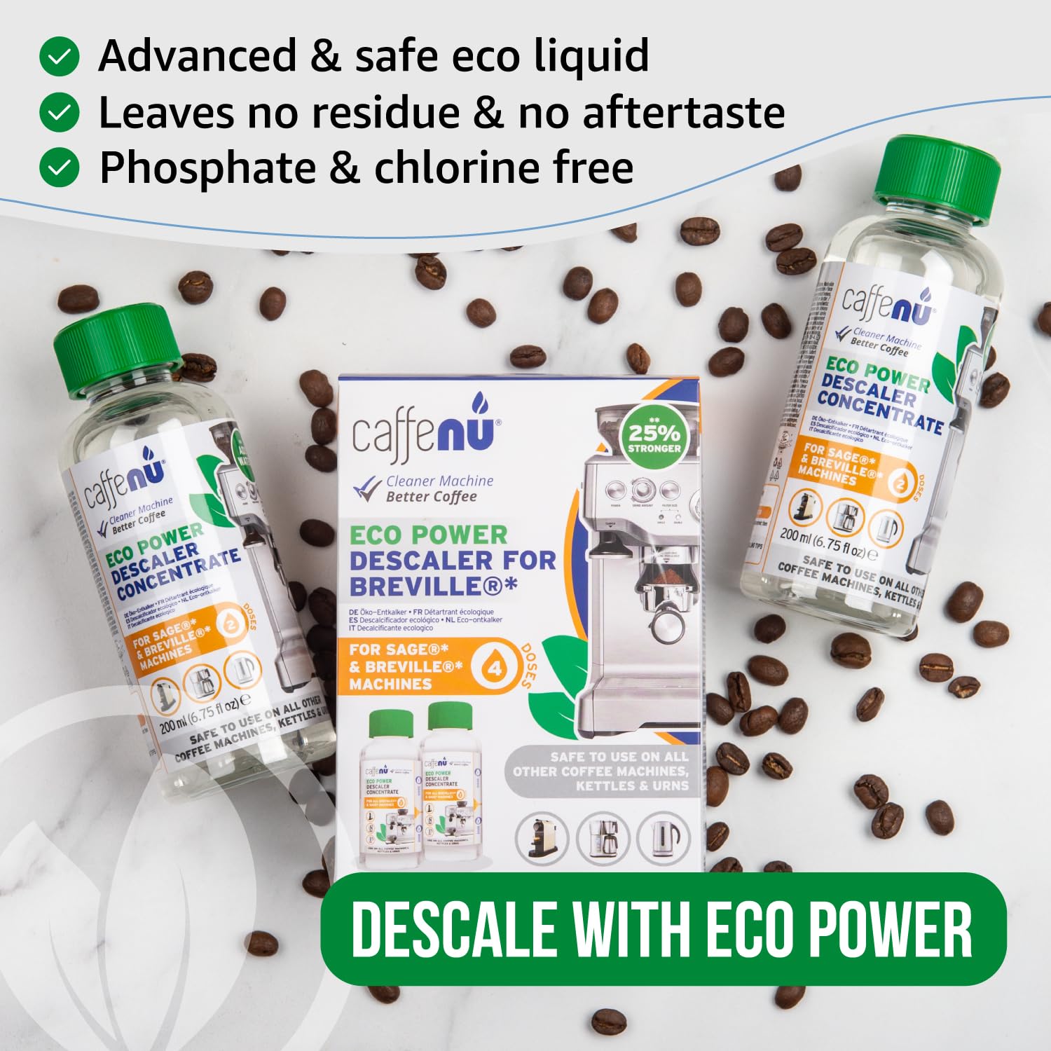 Caffenu Descaler Compatible with Breville. 2 Bottles of Solution. Descaling Kit Removes Limescale For Hotter Coffee. 4 Uses Descaler For Breville Coffee Machines.