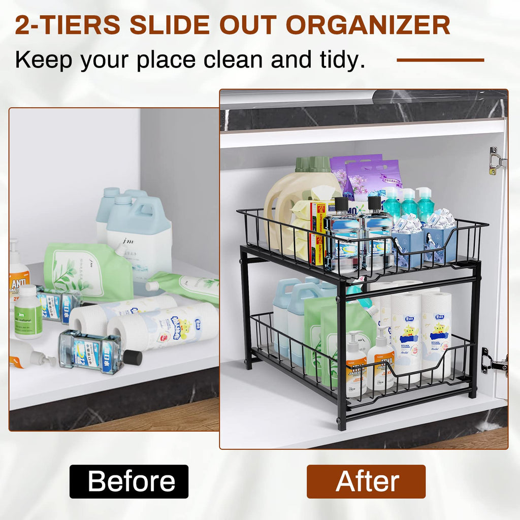 Under Sink Organizer 2 Tier Pull Out Under Sink Organizers, Rustproof Under Cabinet Organizer, Multipurpose Sliding Drawer Pull Out Shelf Organizer for Kitchen Bathroom Cabinet