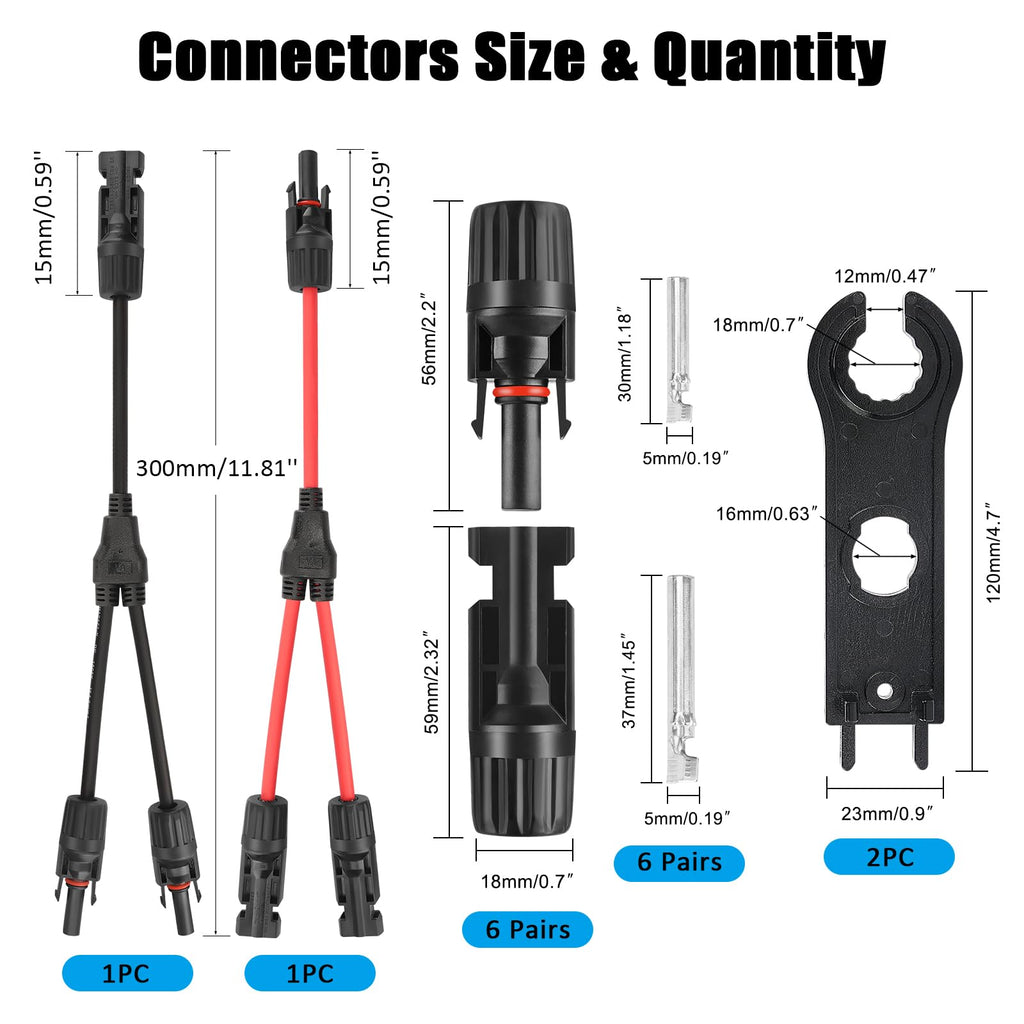 MC4 Solar Panel Connectors 1 Pair 2 to 1 Solar Y Branch Connector 6 Pairs Male & Female Solar Cable Connectors Parallel Connection Adapter Cable Wire Plug with 2 Spanner Wrenches IP67 Waterproof