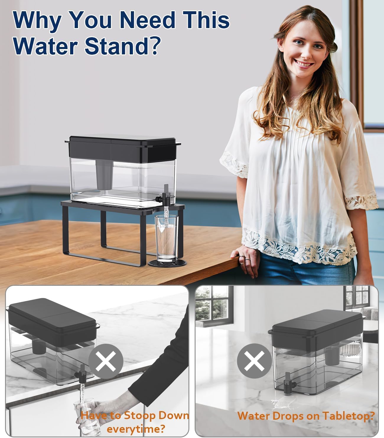 Water Filter Dispenser Stand with Drip Tray - 7.7''W x 14.6''D x 6.7''H, Metal Stand Designed for Brita Water Filter, Compatible with ZeroWater, PUR, Waterdrop etc