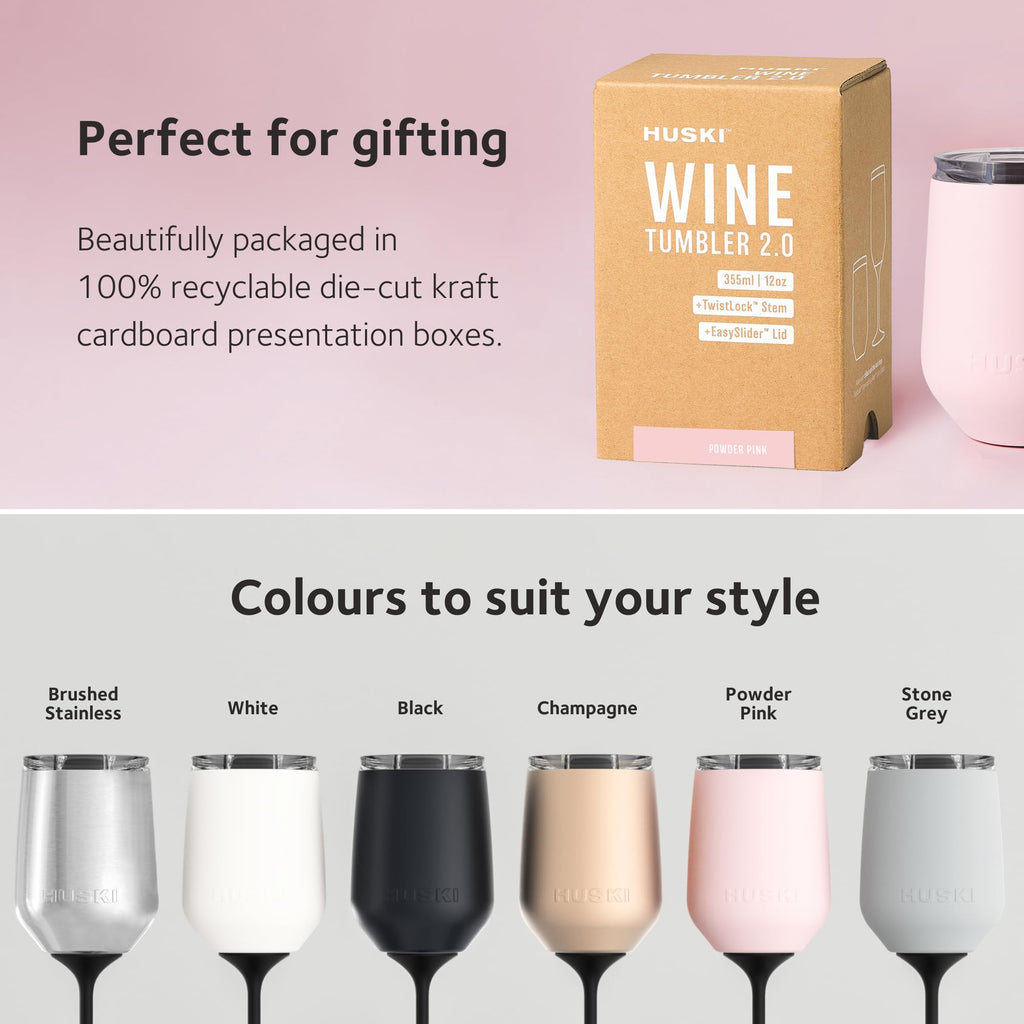 Huski Wine Tumbler 2.0 | New | Award-Winning Design with Detachable Stem | Premium Stainless Steel Wine Glass with Lid | Triple Insulated Tumbler | 355ml Capacity | Great Gift (Powder Pink)