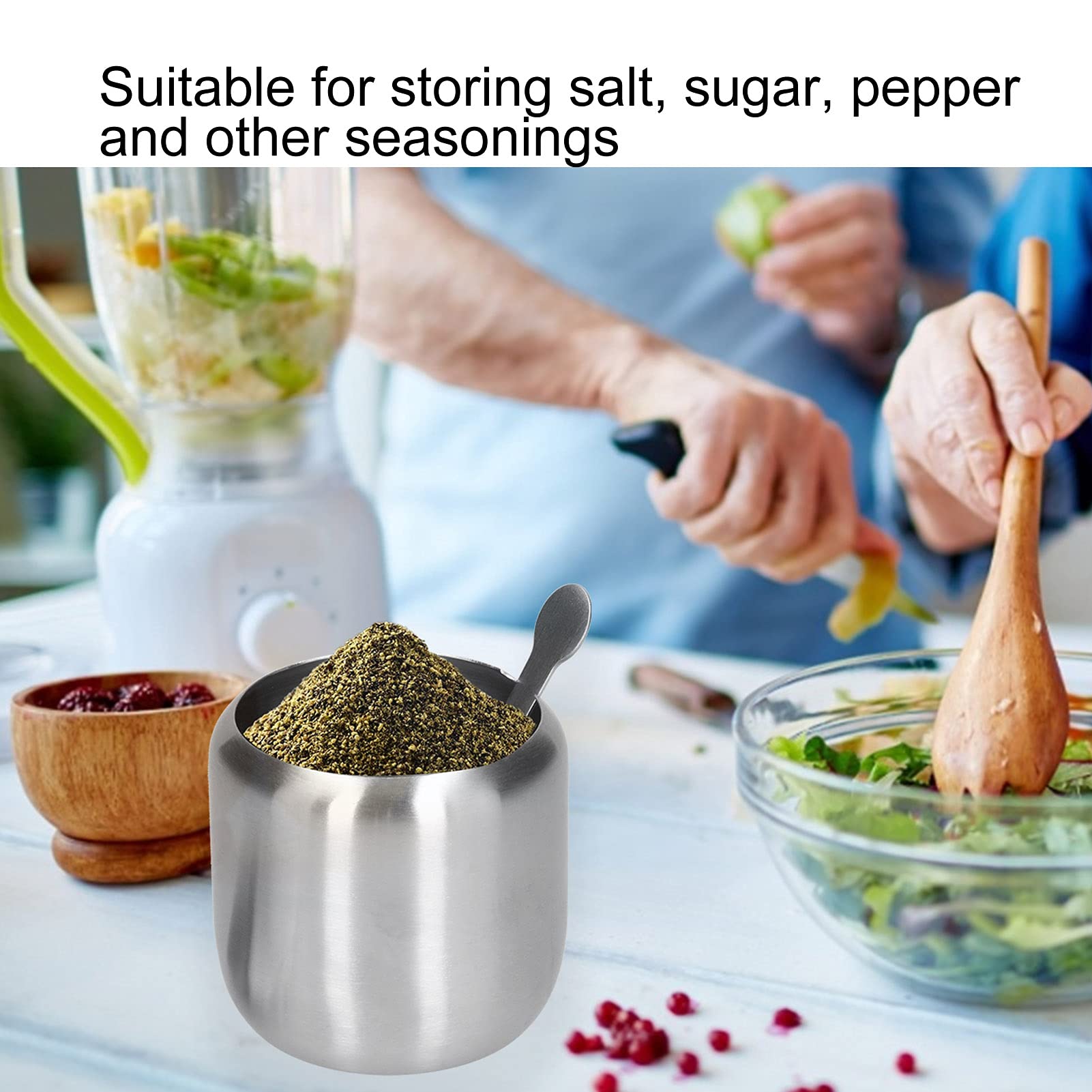 Sugar Bowl,304 Stainless Steel Polished Sugar Storage Jar Salt Pepper Spices Bowl with Spoon and Lid Seasoning Container Dispenser for Home Coffee Bar, 370ML
