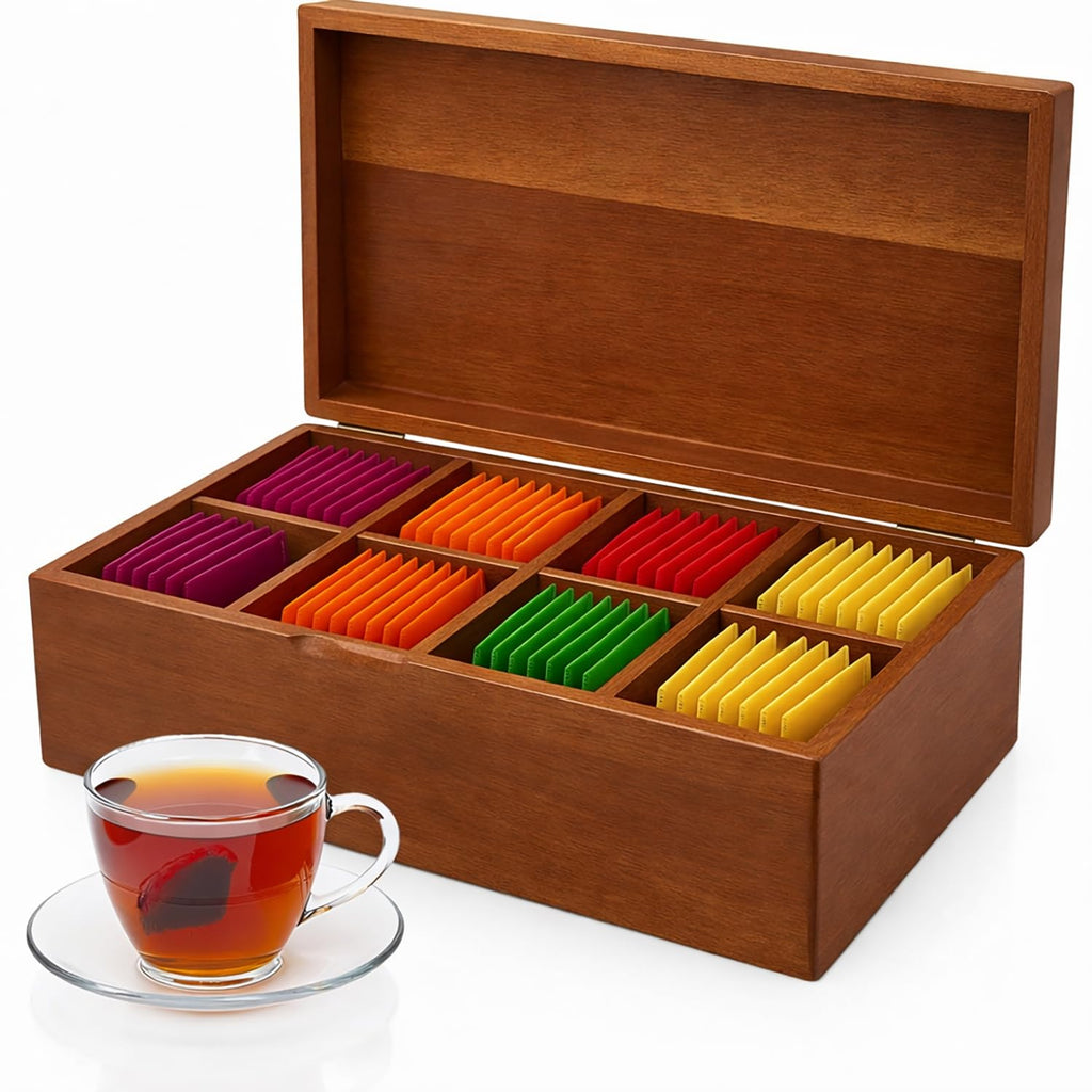 Acacia Wood Tea Bag Organizer, Tea Packet Caddy Storage Box, Teabag Holder Container with 8 Compartments, Organizador De Té Caja Para Te
