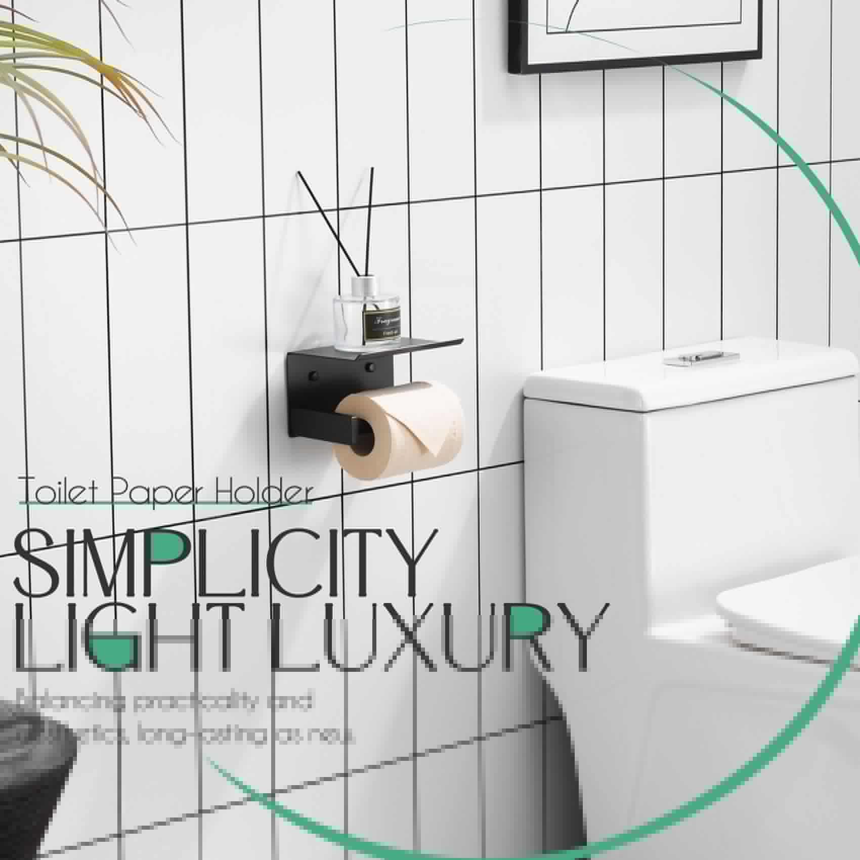 KOKOSIRI Roll Paper Holder Spring Loaded Tissue Paper Holder Bathroom Toilet Roll Holder with Shelf Wall Mounted Stainless Steel Matte Black B2012BK