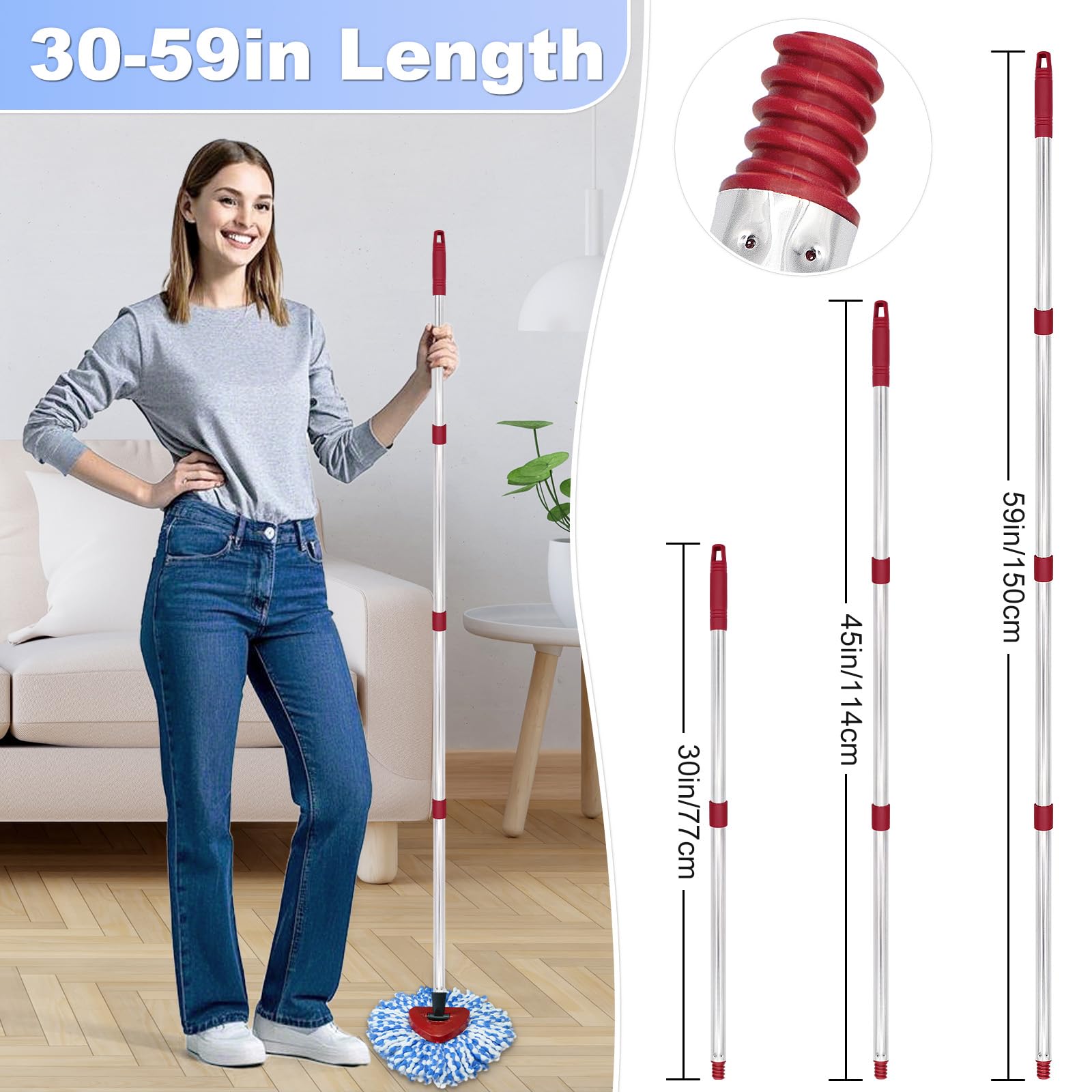 DLAIMI Spin Mop Head Replacement, Base, Mop Handle Replacement for Vileda RinseClean, 2 Microfiber Refills, 4-Section 30-59in Mop Stick, Cover and Scrubber(2-Tank System)