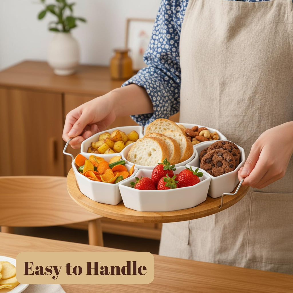 ZENFUN 11 Inch Ceramic Serving Tray and Platter, Divided Dip Bowls with Handles, 6-Compartment Removable Appetizer Snack Bowls, Round Sectional Serving Platter for Chips and Dip, Fruits, Condiment
