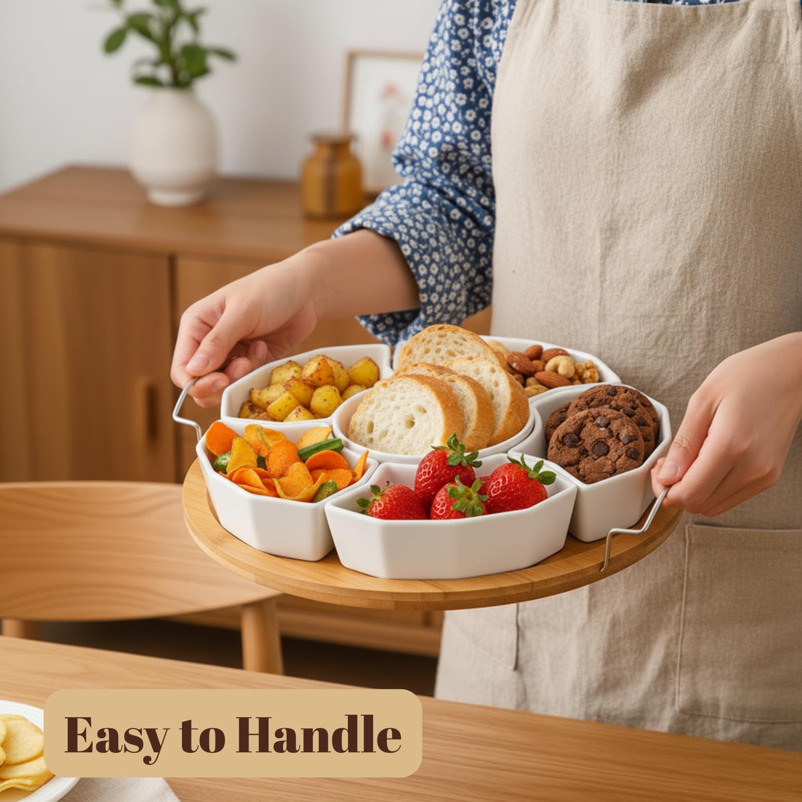 ZENFUN 11 Inch Ceramic Serving Tray and Platter, Divided Dip Bowls with Handles, 6-Compartment Removable Appetizer Snack Bowls, Round Sectional Serving Platter for Chips and Dip, Fruits, Condiment