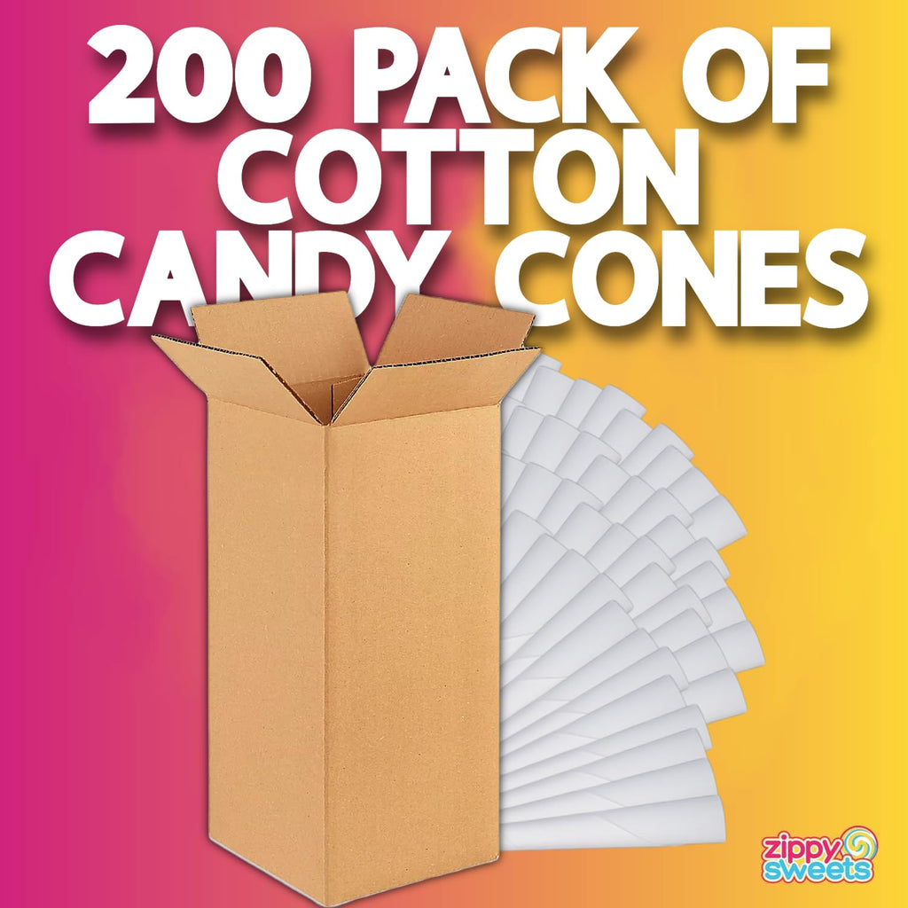 Zippy Sweets - 200 Pack Cotton Candy Cones - Heavy Duty Disposable Paper Sticks, Sturdy Triple Wrapped Handle, Sticky Hands Prevention, Cotton Candy Sticks
