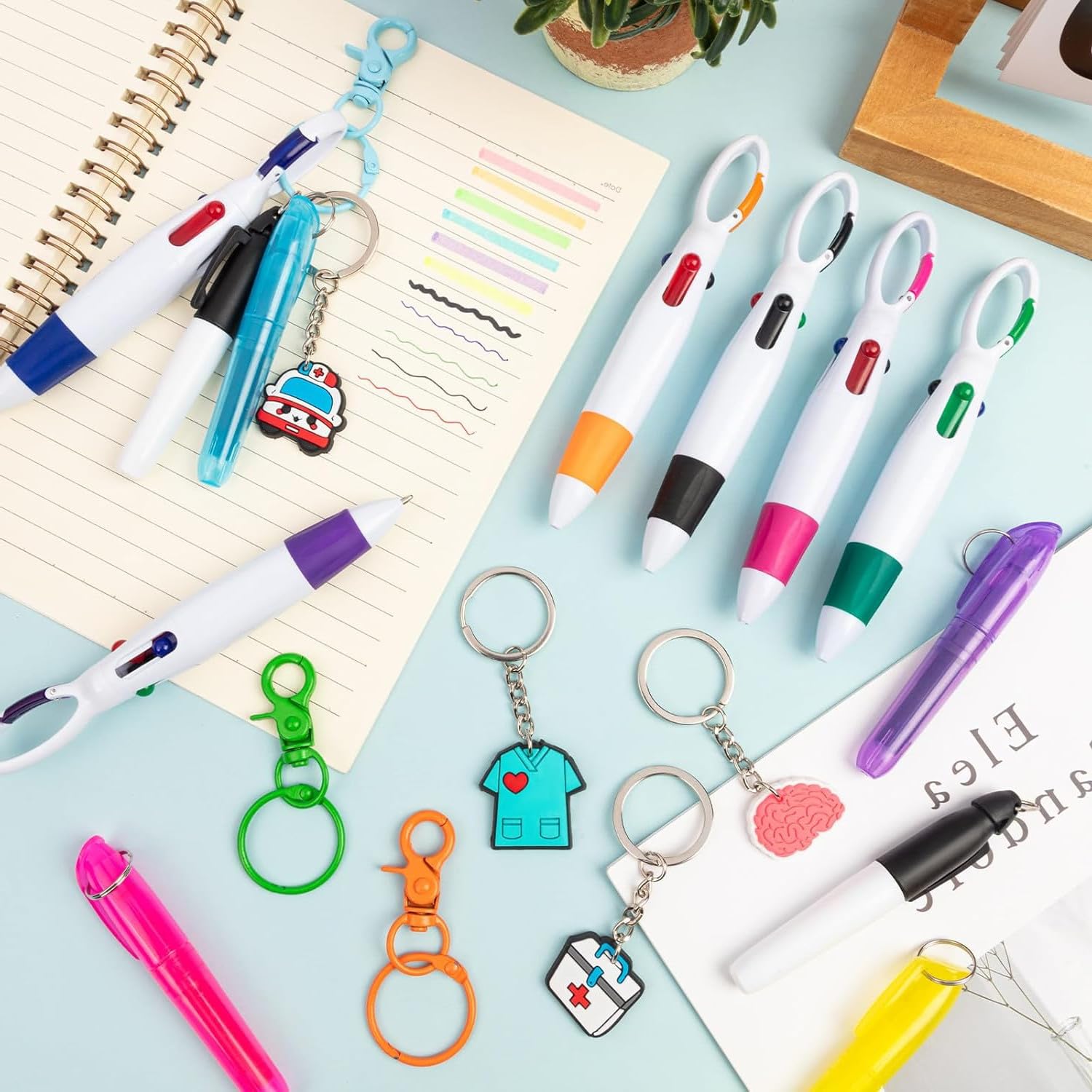 Mini Highlighter Nurse Pens for Badge Reel Pen Include 6 Tip Highlighter 6 Permanent Marker Pen and 6 Retractable Ball Pen with 6 Nursing Keychain Clip Christmas Gift (30pcs)