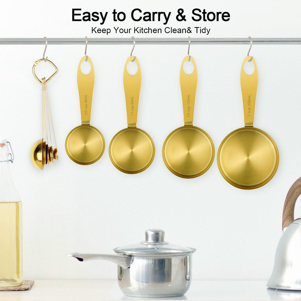 GuDoQi Measuring Cups and Spoons Set of 9, Stainless Steel Handle with Metric and US Measurements, Golden Polished Finish, Dry & Liquid Ingredient Measuring Cup for Cooking and Baking