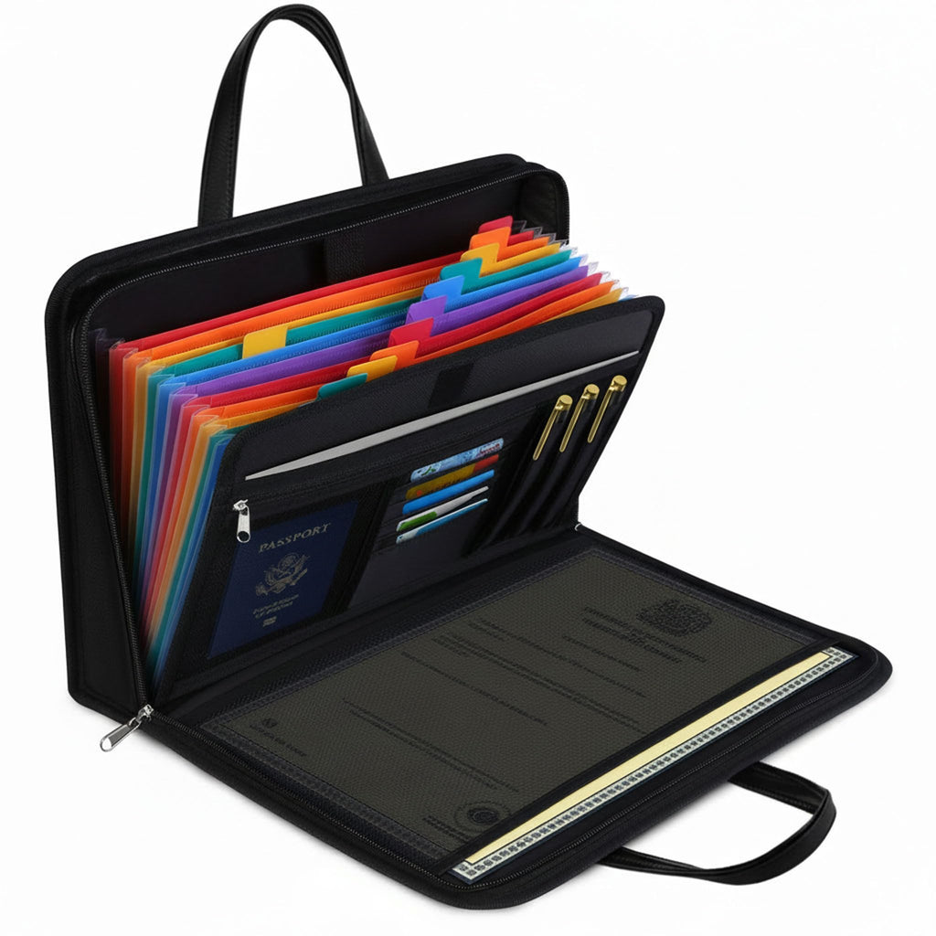 Portable Fireproof Important Document Organizer Binder with Lock for A4 Size, 13-Pocket Expanding File Folder with Zipper & Labels for Personal Document Storage, Business, and Estate Planning