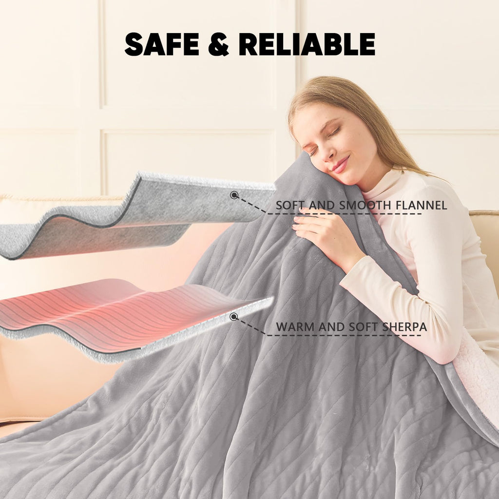 Heated Blanket Electric Blanket Throw,50“ x 60” Heating Blanket,Thick Warming Plush Electric Lap Sherpa Gifts for Women,Mom,Grandma with 5-Position Timer &10 Heating Levels,Grey
