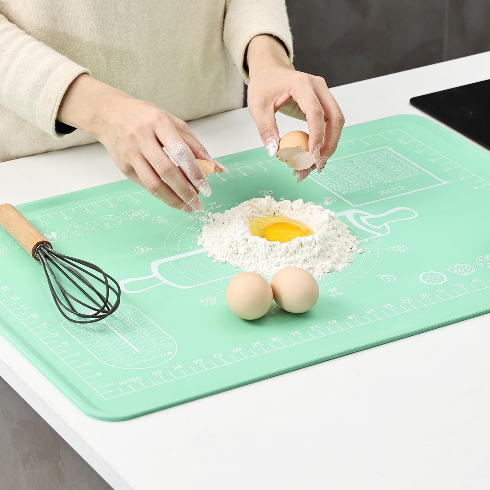 Silicone Baking Mat, Extra Thick Dough Rolling Pad with Measurements and Edge Heightening, Non-Stick Food Grade Silicone Pastry Mat for for Pastry, Bread, Cookies (Matcha Green Edge Up, 20x28 Inch)