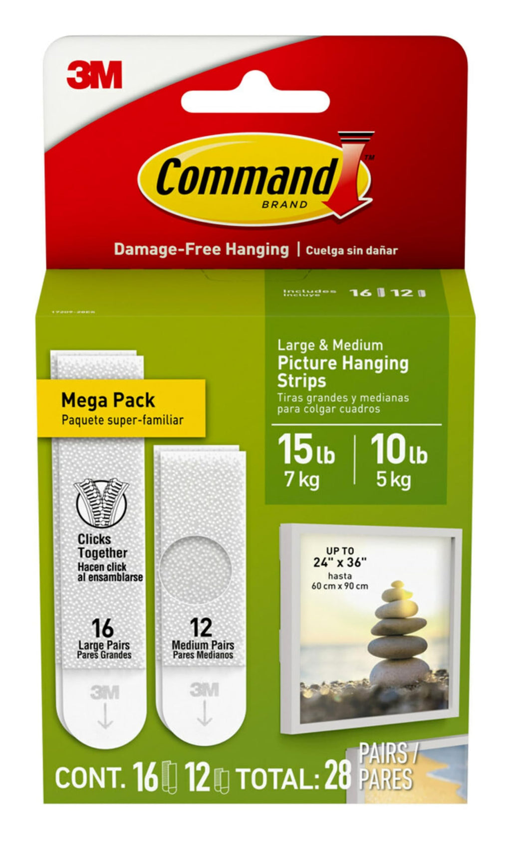 Command Medium and Large Picture Hanging Strips, Damage Free Hanging Picture Hangers, No Tools Wall Hanging Strips for Christmas Decorations, 12 Medium Pairs and 16 Large Pairs (56 Command Strips)