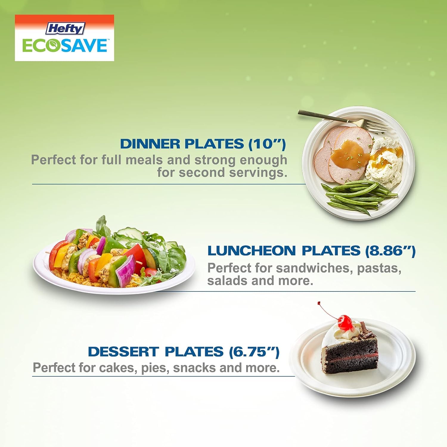 Hefty ECOSAVE Compostable Disposable Paper Plates Dinner 10", 80 Count