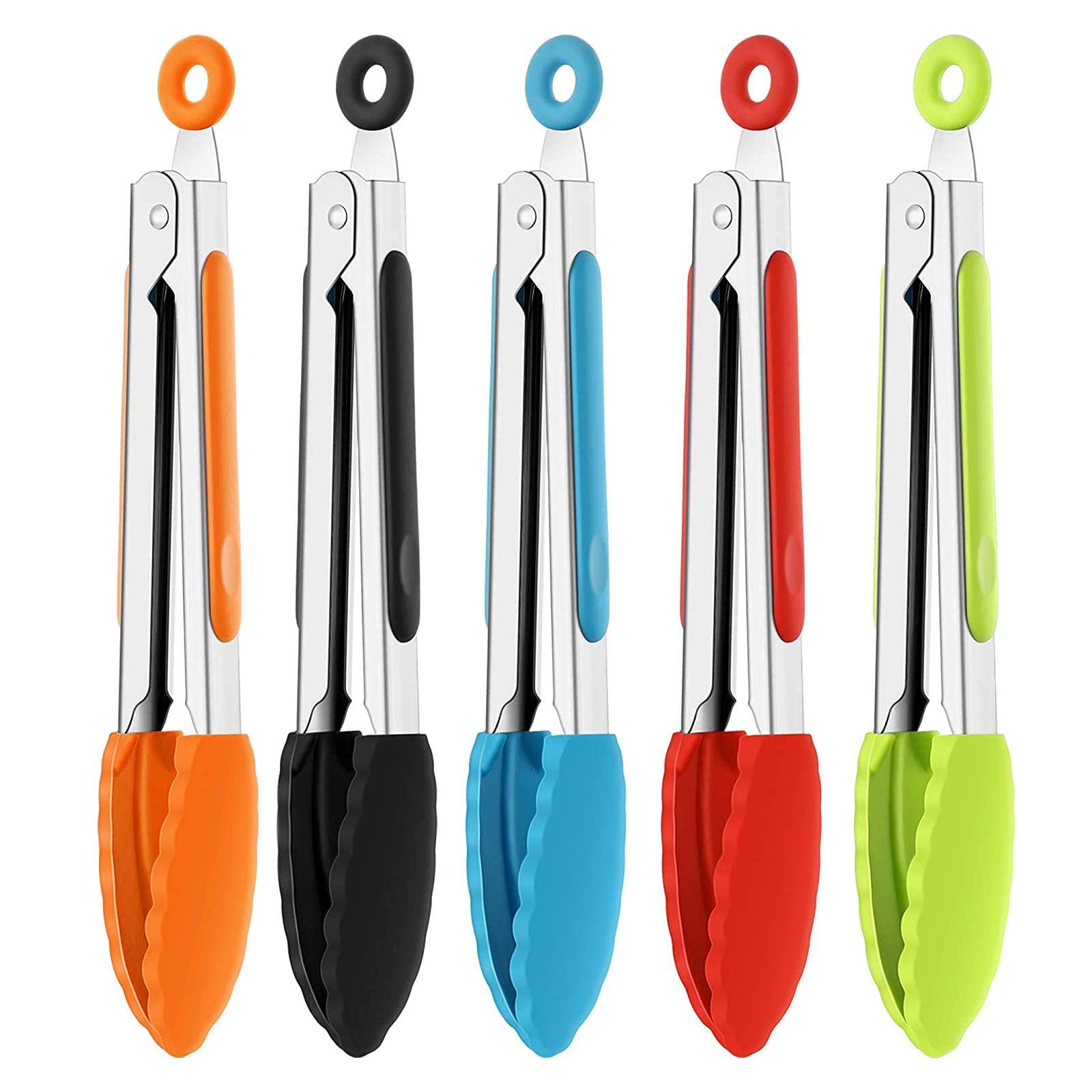 5 Pack 7 Inch Kitchen Tongs, Stainless Steel Cooking Tongs, Small Colored Non-Stick Food Serving Tongs with Silicone Tips for Salad BBQ Grilling Frying Cooking (5 Colors)