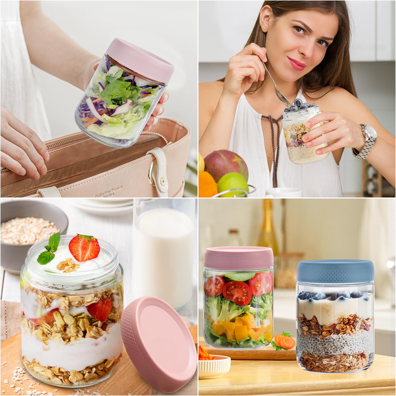 16 OZ Overnight Oats Jar,6 Pack Glass Jar with Lid and Spoon,Reusable Wide Mouth Mason jars for Overnight Oats,Yogurt Snacks Fruit, Salad Dressing, Sauce,Cereal-Leak Proof(500 ml)