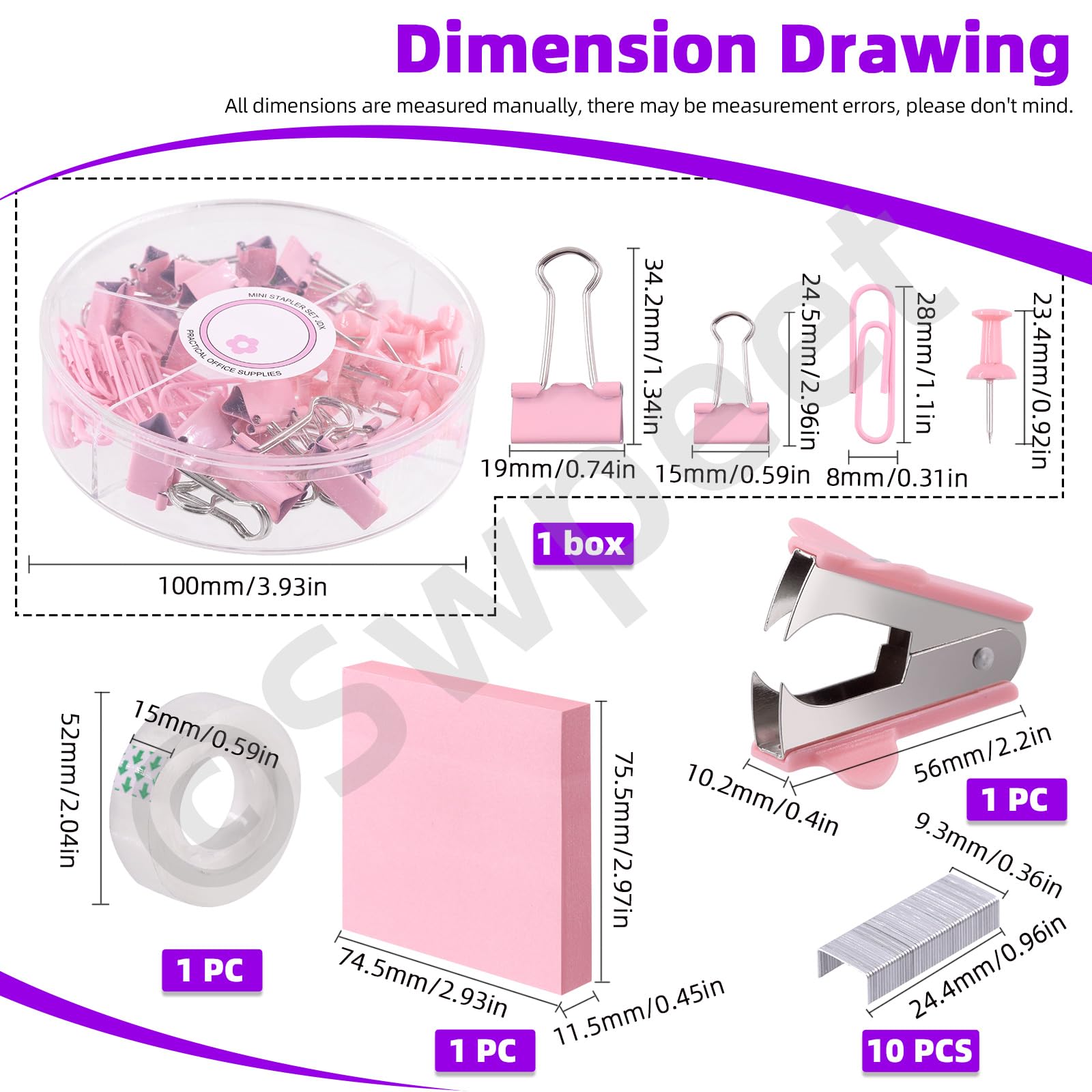 Swpeet 9Pcs Pink Office Supplies Kit, Desk Accessories Including Stapler, Tape Dispenser, Staple Remover, Tabs, Scissors, Staples, Tape, Clips and Sticky Note Ideal for Office and School