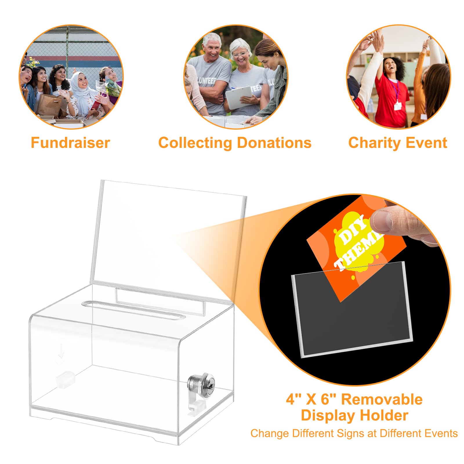 Donation Box with Lock,Suggestion Box with Sign Holder，Clear Ballot Box for Fundraising, Raffle, Tip Jar, School Voting