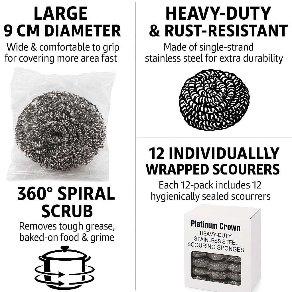 Platinum Crown Heavy-Duty Stainless Steel Wool Scouring Sponges – Rust-Resistant, Long-Lasting, for Pots, Pans, Grill, Oven & Kitchen Cleaning Invidual Packed– 12 Pack 44grams Each