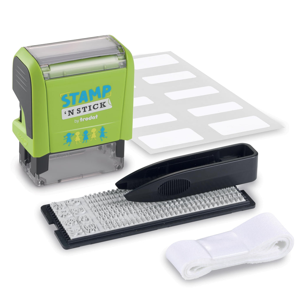 Trodat Stamp 'N Stick Clothes and Personal Belongings DIY Stamper, English Text with Special Characters – 3 Lines – Dermatologically Tested Ink, Dishwasher and Washing Machine Safe Ink