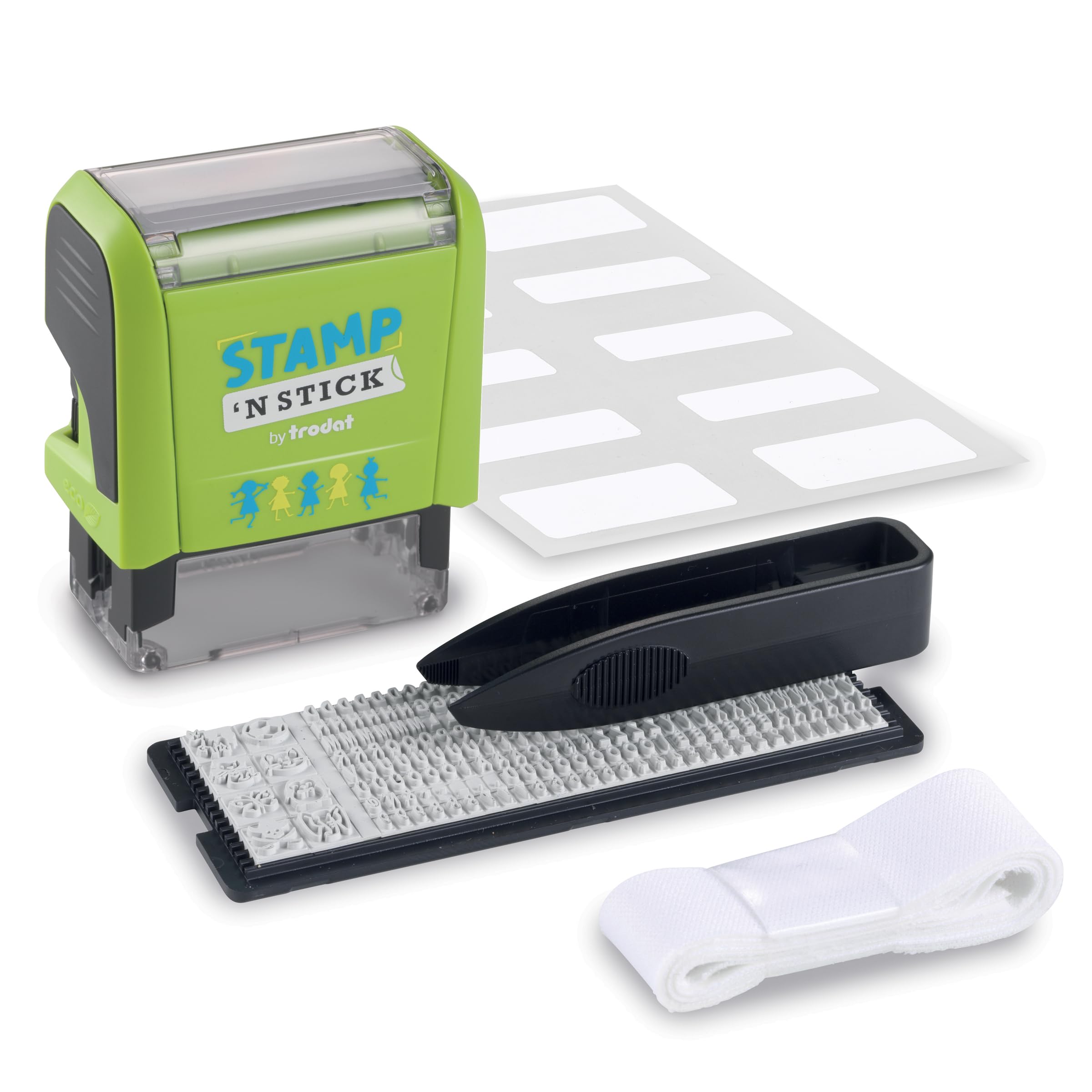 Trodat Stamp 'N Stick Clothes and Personal Belongings DIY Stamper, English Text with Special Characters – 3 Lines – Dermatologically Tested Ink, Dishwasher and Washing Machine Safe Ink