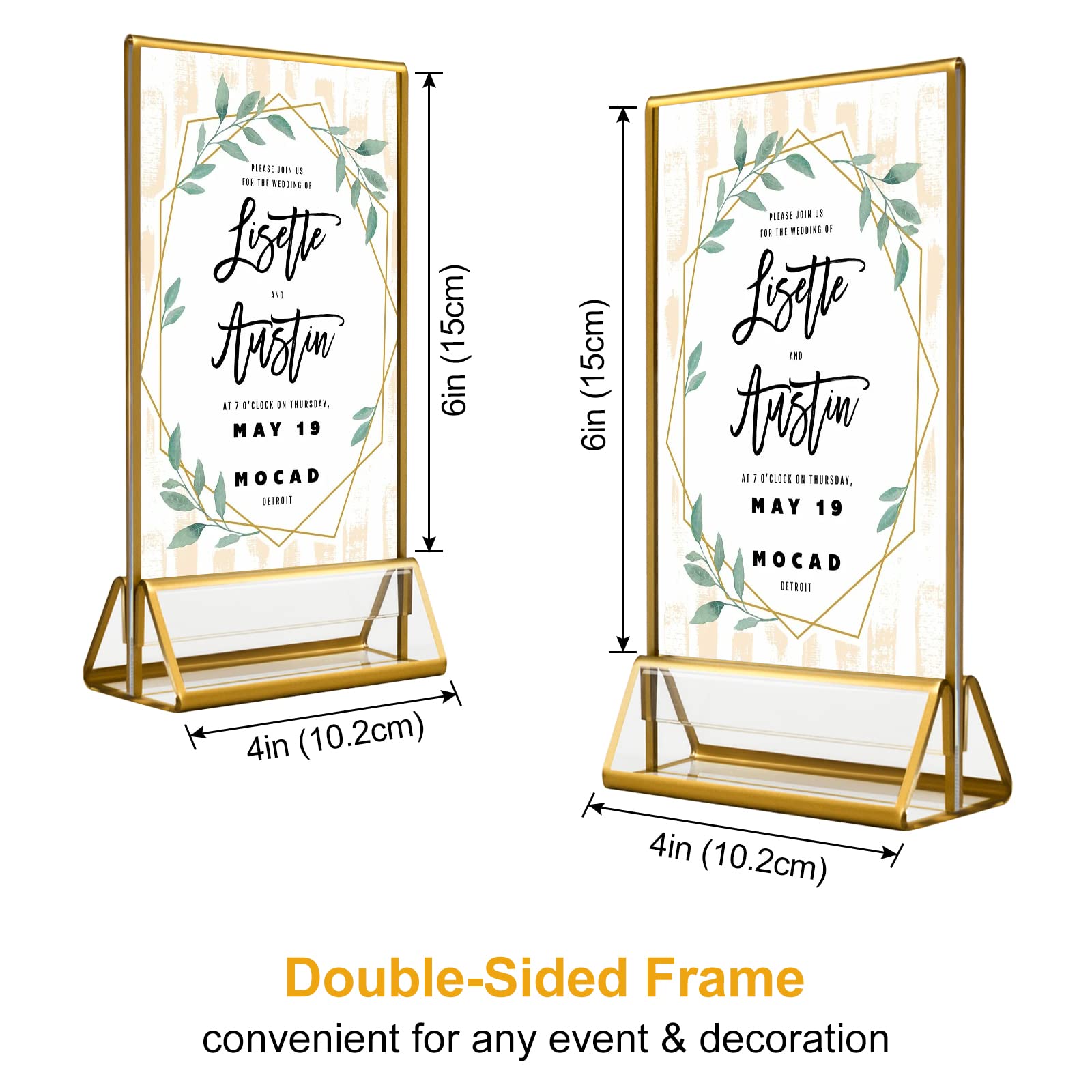 Acrylic Gold Sign Holders, 4x6 Vertical Clear Picture Frames with Gold Borders, Double Sided Table Menu Display Stand for Restaurant Signs, Wedding Table Numbers, Photos and Art Display - 6 Pack