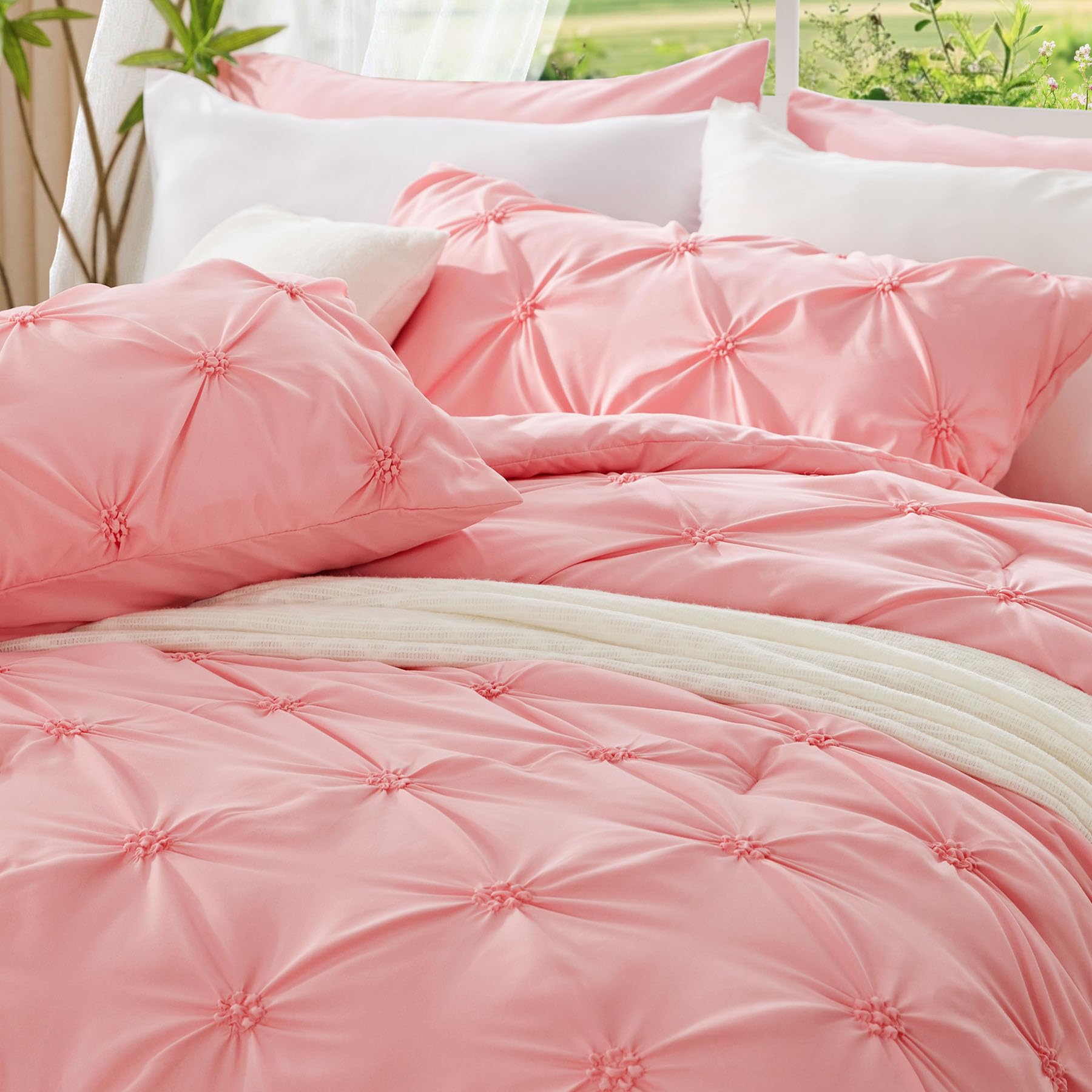 BEDELITE Queen Comforter Set Pink - 3 Pieces Boho Pintuck Bedding Sets, Queen Size Bed Set with 2 Pillow Shams for All Seasons, Room Decor Valentine's Gift,Lightweight Soft and Warm
