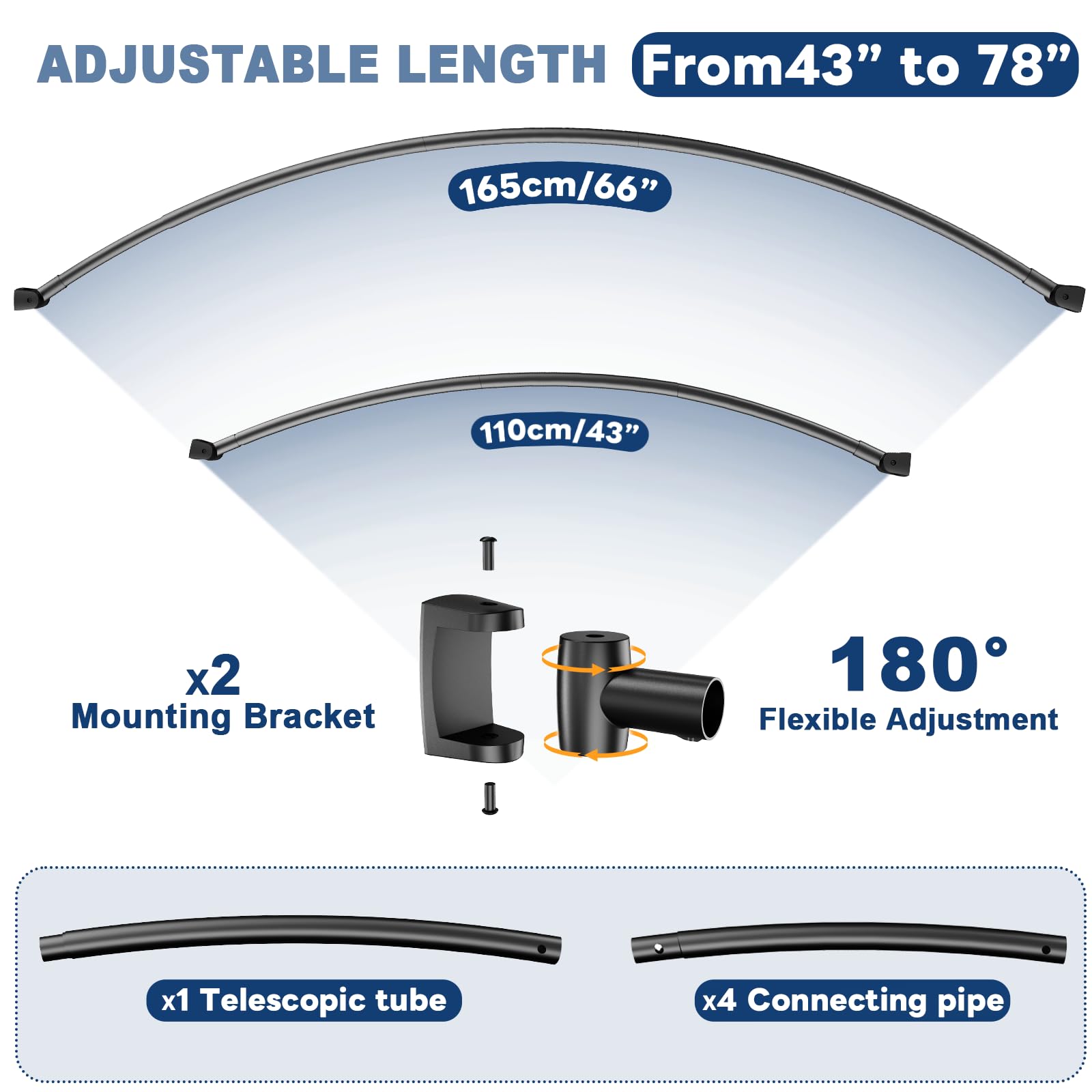 Abiglifty Curved Shower Curtain Rod, 43-78 Inches Adjustable Curved Shower Rod, Shower Curtain Rod, Round Extra Wide Shower Rod for Bathroom, Bathtub, Stall, Need to Drill, Black (43-78 Inches)
