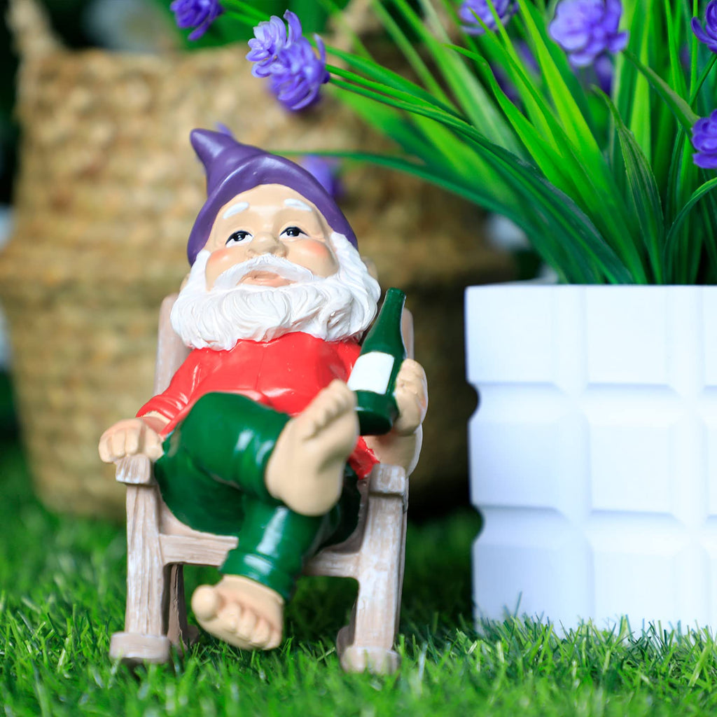 Drinking Garden Gnome Sitting on Rocking Chair, Outdoor Gnome Statue Decorations, Funny Garden Figurines for Lawn Patio (A)